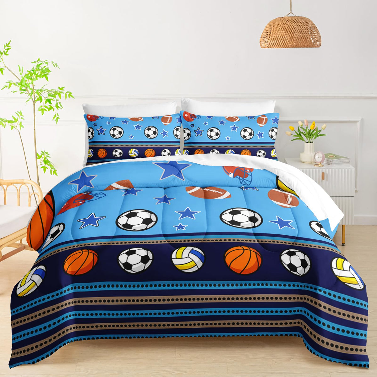 QOOMO Sports 7 Pieces Comforter Set Twin Size,Sports Bedding Set for Kids Teens Girls-Include 1 Comforter,1 Fitted Sheet,1 Flat Sheet,2 Printing Pillowcases and 2 Purple Pillowcases