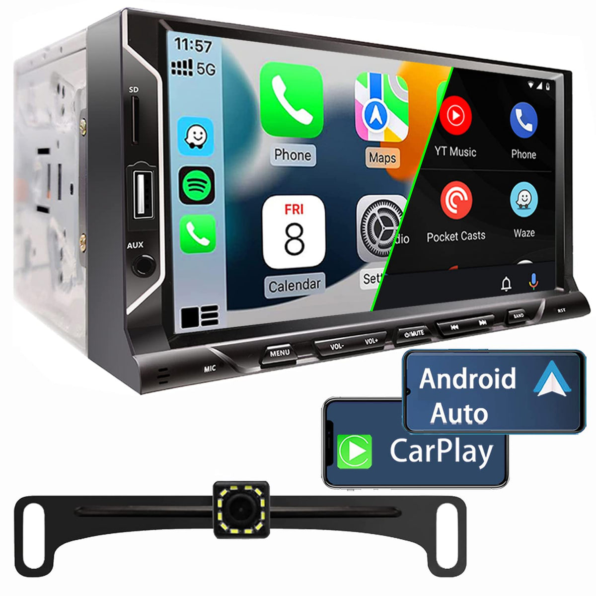 7 Inch Double Din Car Stereo Support Apple CarPlay Android Auto Mirror Link Capacitive Touchscreen Monitor Car Play Radio with Bluetooth 5.0, FM Radio, USB/TF/AUX Port, Backup Camera, Remote Control