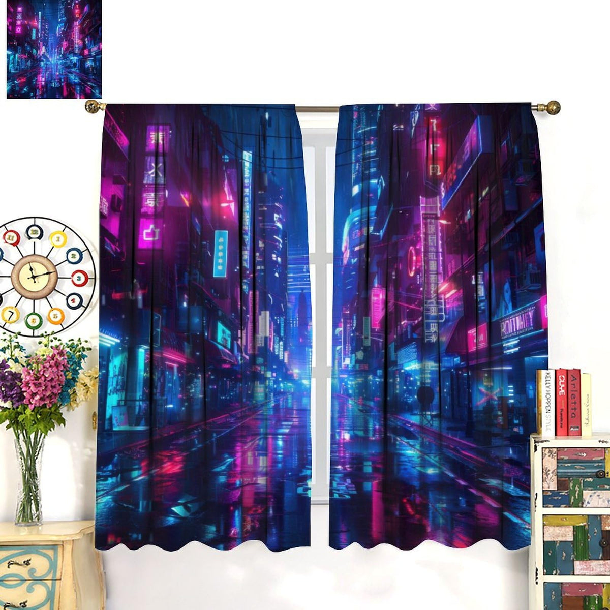 VUMIVI Cyberpunk Cityscape Curtains Neon Futuristic Urban Landscape Window Treatments for Gaming Room Sci-Fi Bedroom Tech Expo 42" W X 44.5" L