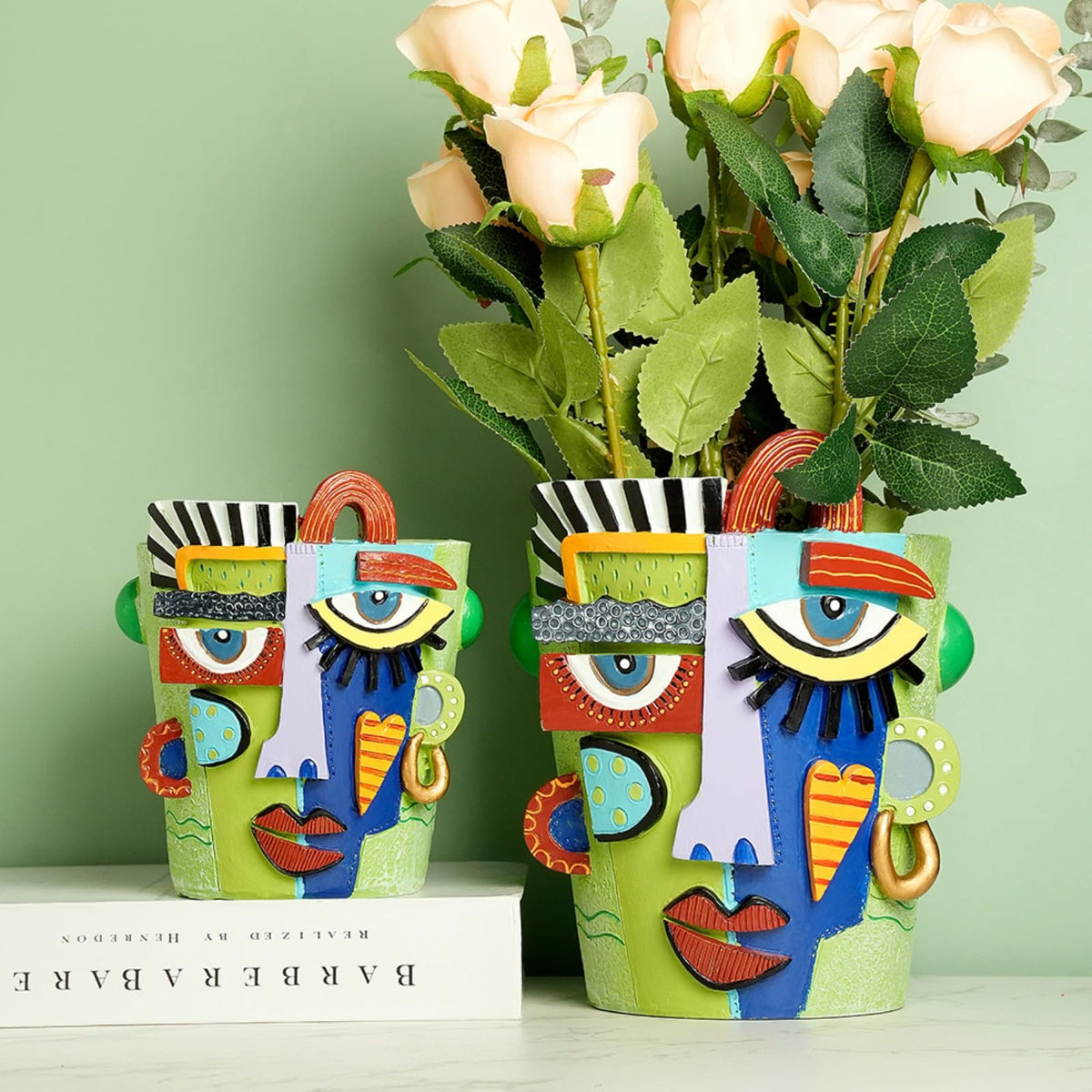 BJVF Mint Green Abstract Face Planter Pot/Picasso Flower Pot, Unique Head Planters for Indoor Plants, Abstract Face Decor, Picasso Pots for Home Decor (Large)
