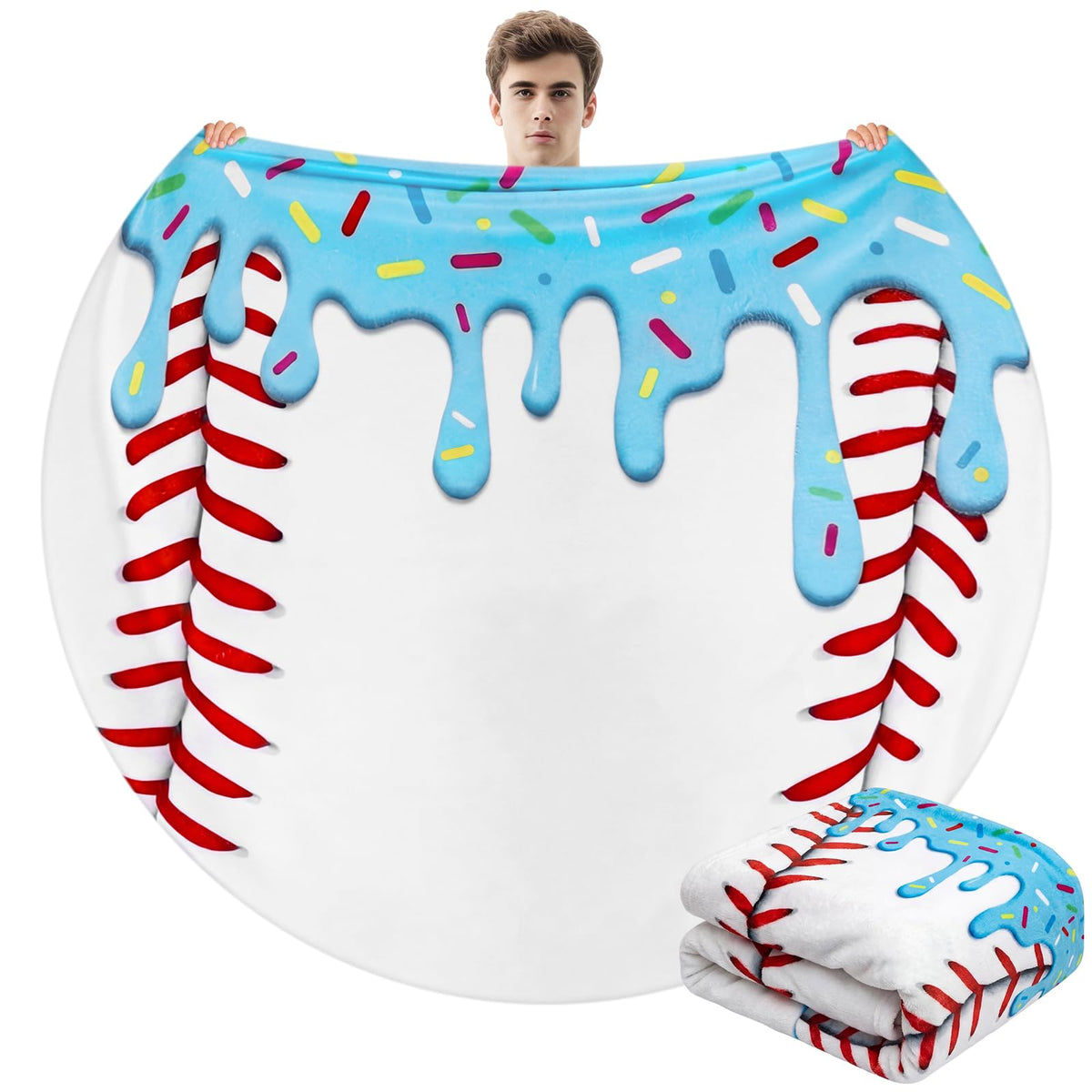 Tigeen 1 Pcs 60" Round Ice Cream Baseball Blanket for Teens Boys Girls Adults Soft Flannel Baseball Ice Cream Drip Stuff Throw for Couch Bed Dorm Room Decor Player Team Senior Night Gifts (Blue)