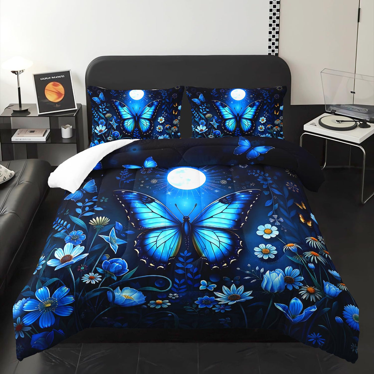 XYNHML Blue Butterfly Themed Comforter 3Pcs Twin Romantic Flower Butterflies Bedding Set for Kid Teen Girl Boy Adult Aesthetics Moonlight Floral Quilt Bed Decor with 1 Comforter and 2 Pillowcases