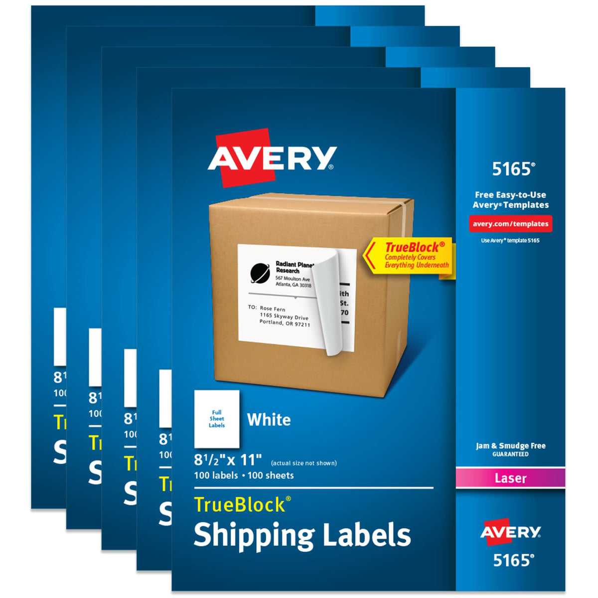 Avery Full-Sheet Printable Shipping Labels, 8.5" x 11" Customizable Stickers, White, 500 Blank Mailing Labels, Great for Mailing, Shipping, Organizing, and More (5-Pack of 5165)