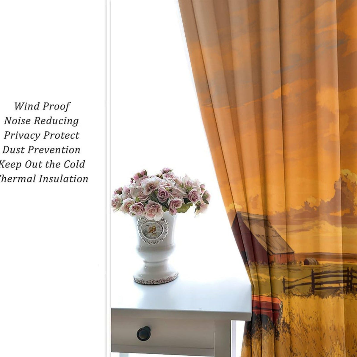 NAQSKQF Farmhouse Red Truck Barn Sunset Blackout Curtains, Grommet Thermal Insulated Window Drapes, Vintage Wheat Cloud Fence Print for Bedroom Living Room, 21W x 45L Per Panel, Set of 2 Panels