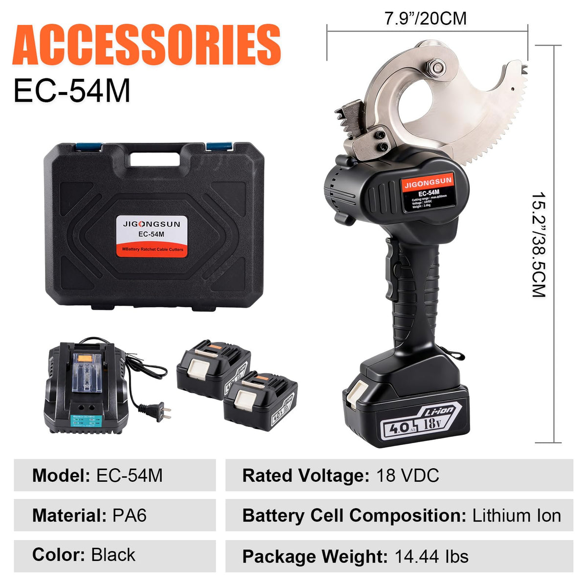 JIGONGSUN 18V Pro Battery Cable Cutter for 1000 MCM Copper / 1250 MCM Aluminum - Heavy Duty Ratcheting Wire Cutters with Alloy Steel Blades, Anti Slip Grip