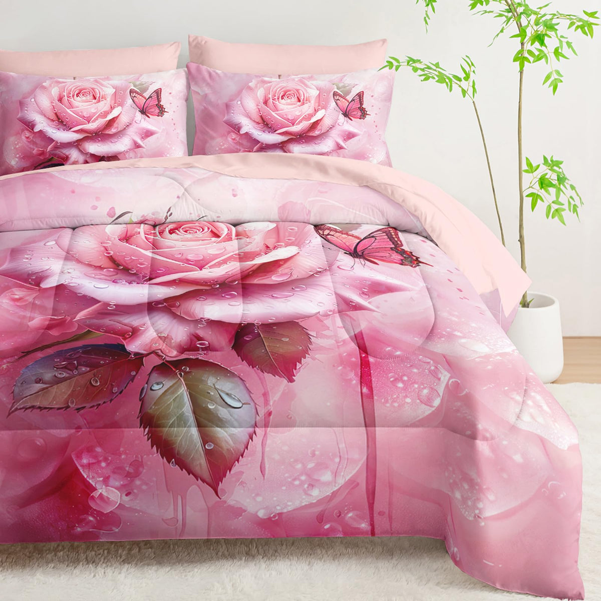 AILONEN 7-Piece Pink Rose Comforter Set Queen Size,Rose Flower Butterfly Bed in a Bag for Girls Women,Modern Romantic Floral Printed Art Pink Comforter + Fitted/Flat Sheet +2 Pillowcases + 2 Shams