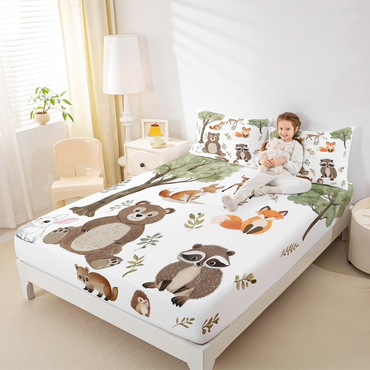 jejeloiu Woodland Animals Bedding Sheets Queen Size Bear Fox Bed Sheet Set for Kids Boys Girls Neutral Theme Fitted Sheet Forest Animal Bed Cover 3Pcs,1 Fitted Sheet+2 Pillow Sham（No Flat Sheet）