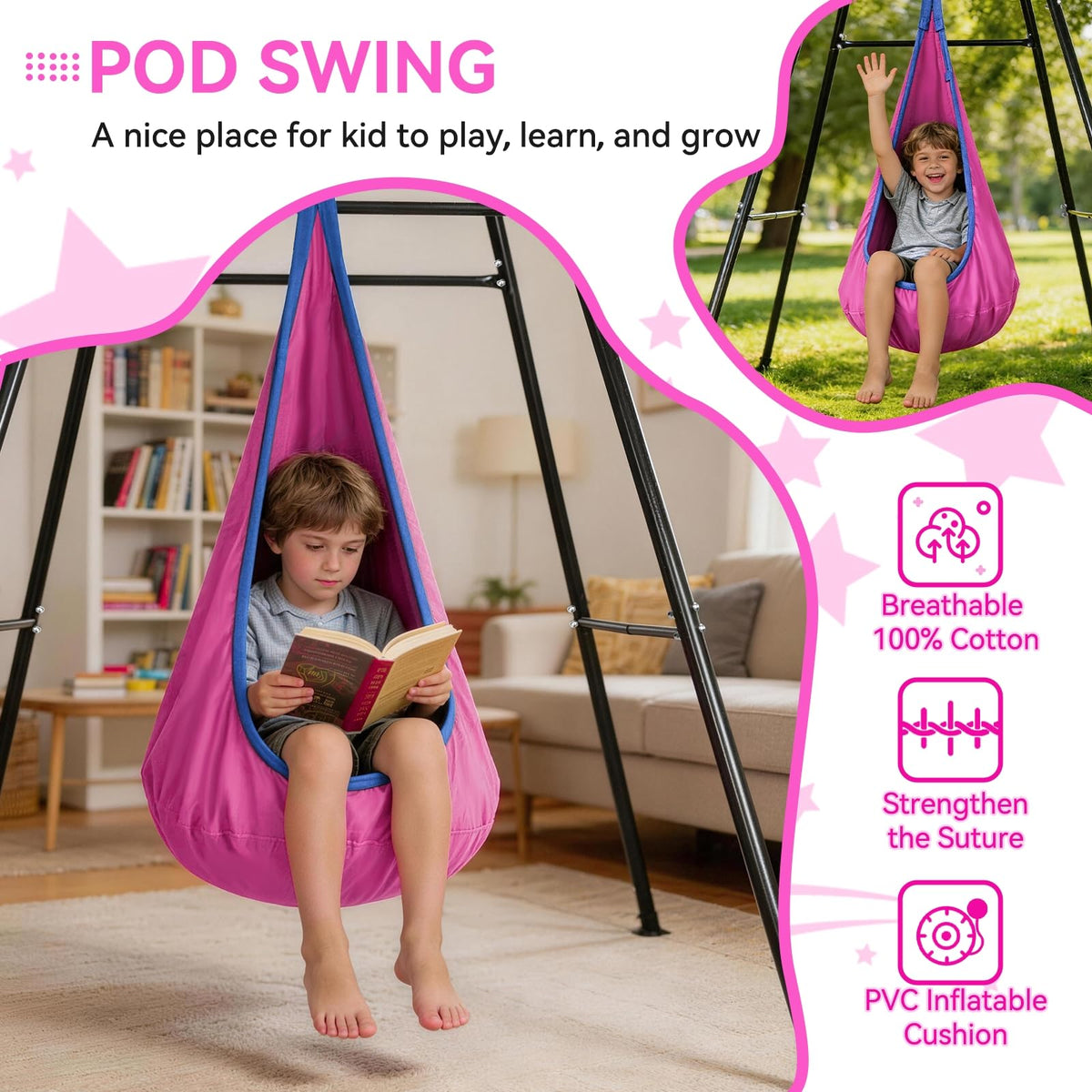 Swing Stand Frame with Sensory Pod Swings,Sensory Swing Set for Kids,Heavy Duty Metal Swings Frame,Cotton Sensory Pod Swing for Kids Indoor and Outdoor 330LBS Pink