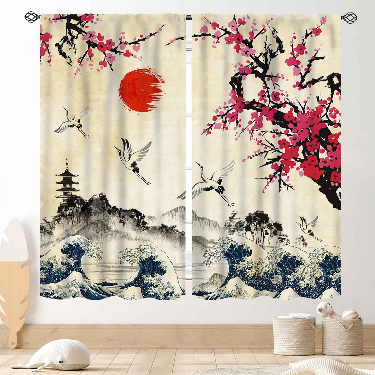 TKUYO Japanese Curtains, Pink Plum Blossom Cherry Floral Branch Asian Style Ink Painting Landscape Crane Birds Printed Window Drapery Treatments for Bedroom Living Room Kitchen 2 Panels, 42"x45" Inch