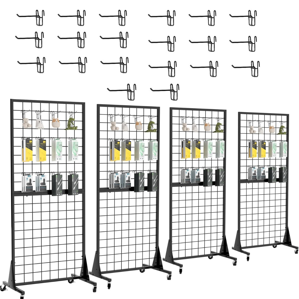 DEYEGELEA 4-Pack 2'x5.5' Ft Gridwall Panel Display Stands Heavy Duty Floor Standing Retail Display Rack with Triangle Base for Retail Art Show With 20 Hooks
