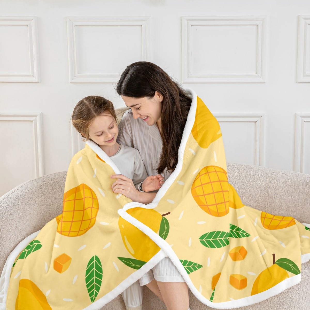 Feelyou Cartoon Mango Fleece Throw Blanket - Sweet Fruit Sherpa for Kids, Boys & Girls - Tropical Fruit Plush, Botanical Leaves Fuzzy Blanket for Sofa, Bed, Couch - Orange, Baby - 30x40 Inches