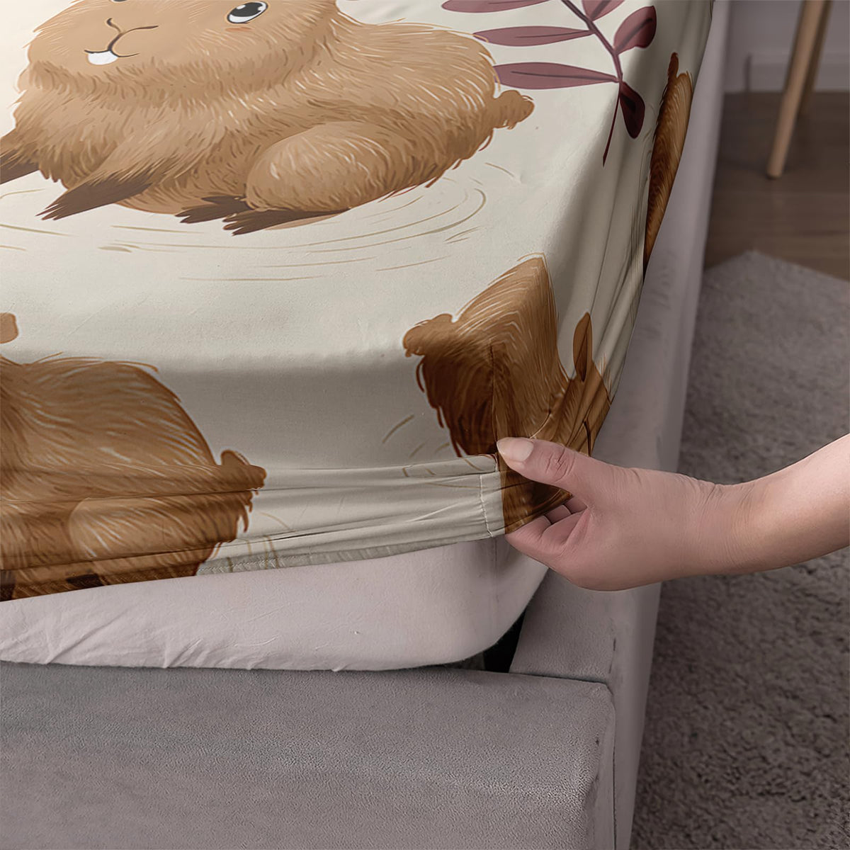 AILONEN Kids Bedding Cute Capybara Bed Sheet Set Twin Size, Cartoon Capybara Brown Bedding Set for Girls Boys Room Decor,Kawaii Animal Soft Fitted Sheet with 2 Pillowcases,3Pcs