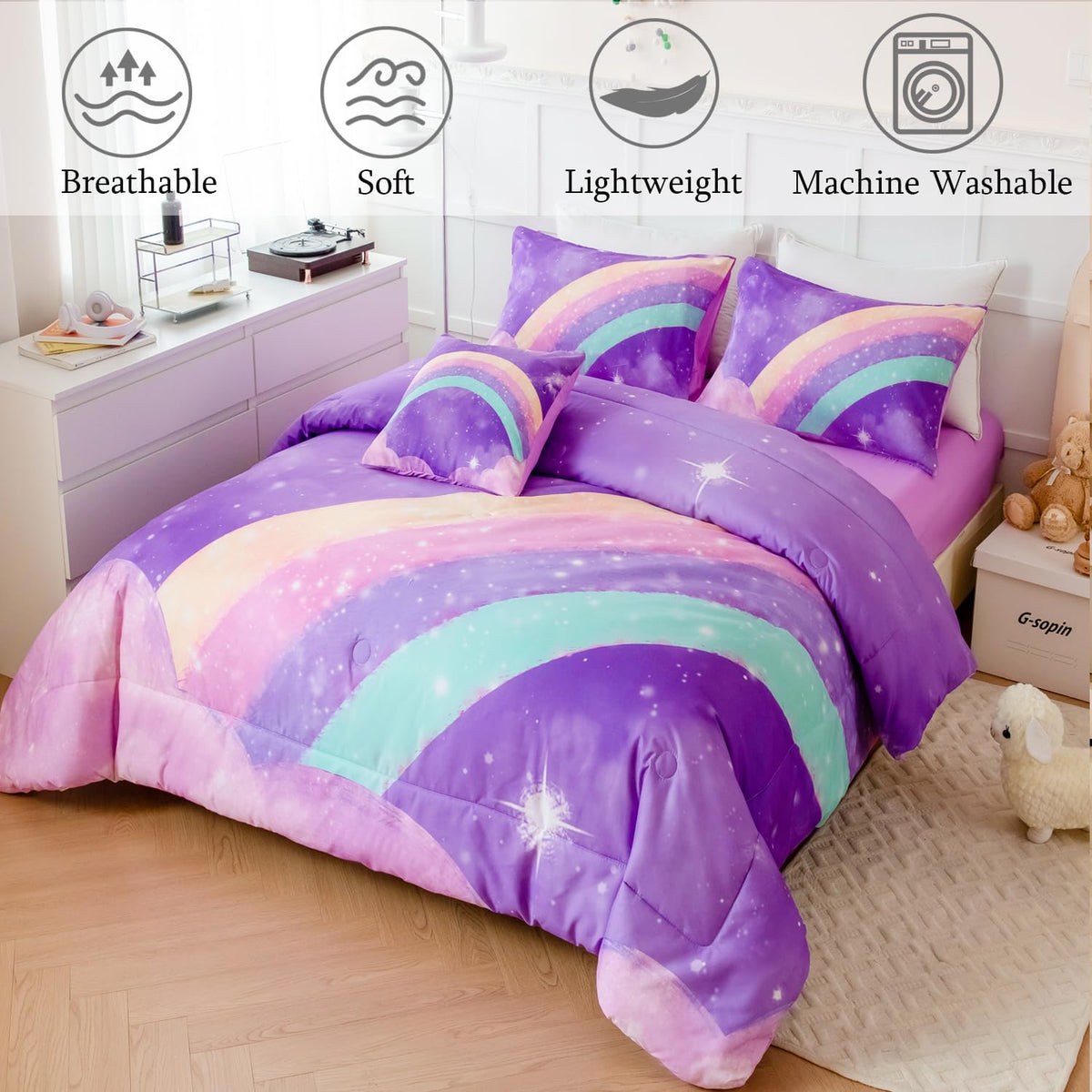 ANGIYUIN Deep Purple Girls Full Size Comforter Set Gradient Glitter Kids Bedding Sets 6 Pieces Soft Lightweight Galaxy Bed in A Bag with Sheets for Teens
