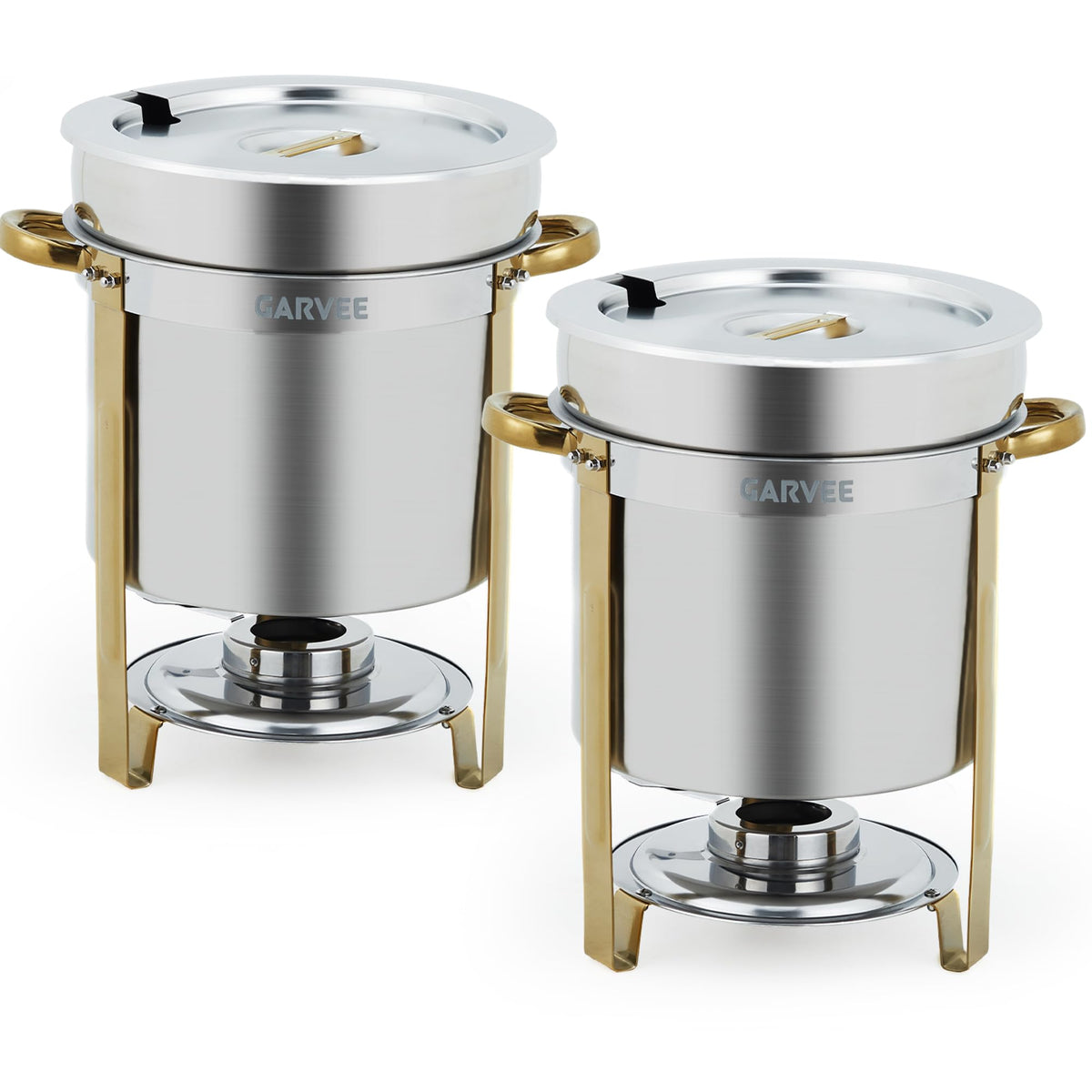 7QT Commercial Soup Warmer, 2 Pack Stainless Steel Round Soup Chafer with Pot, Notched Lids & Fuel Holders, Food Warmer for Buffets Parties Wedding Banquets Catering, Gold