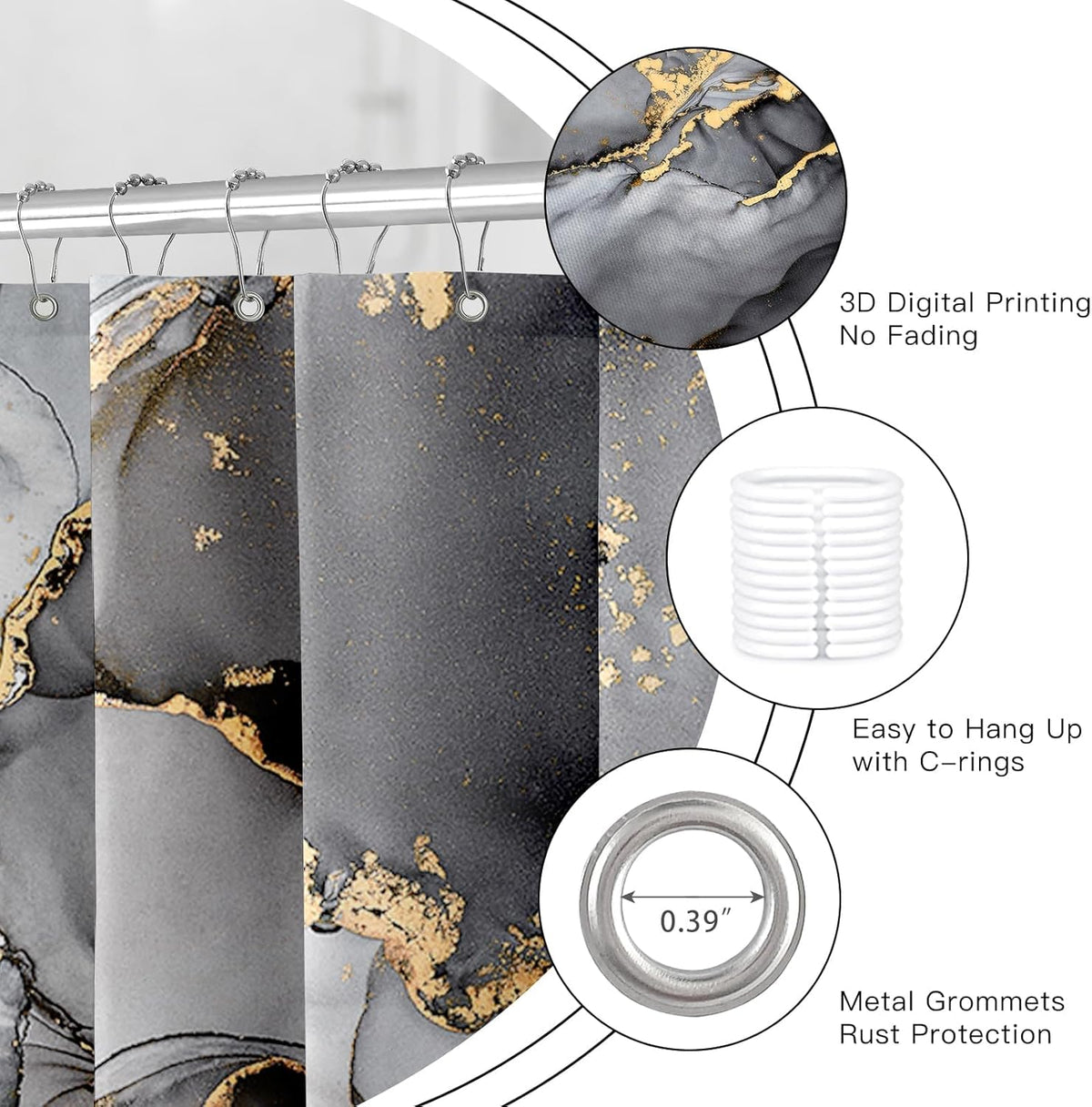 NBVKO 4 Pcs Black Marble Shower Curtain Sets with Rugs Gold Bathroom Sets with Shower Curtain and Rugs Modern Abstract Bathroom Decor Accessories Shower Curtains for Bathroom Toilet Lid Cover