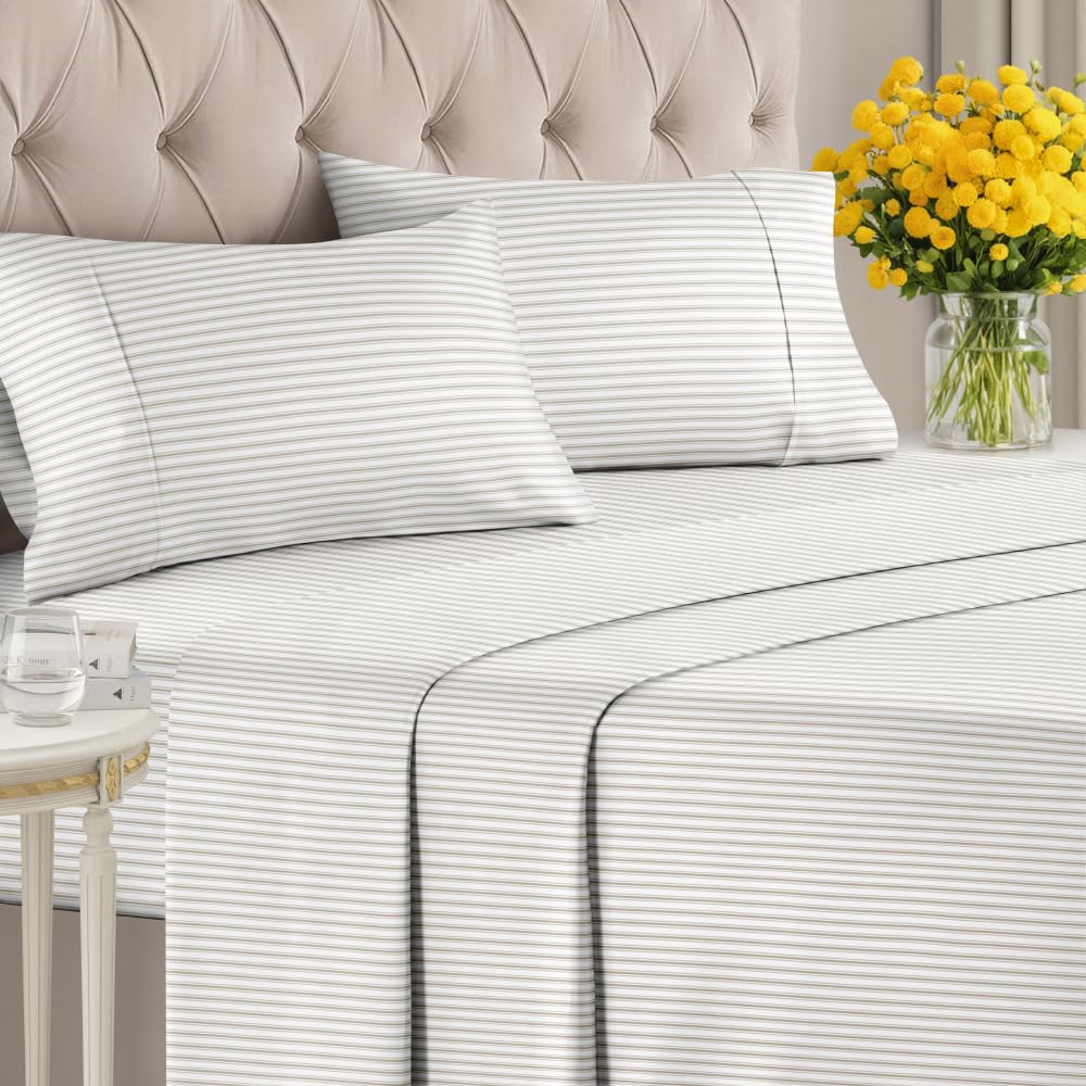 Grey Striped Sheets - 1 Flat & 1 Fitted Sheet & 2 Pillowcases w/ Deep Pockets - Comfy, Cozy, Wrinkle & Fade Resistant - Ultra Soft, Breathable and Cooling - Luxury Pinstripe Bedding - Full Size