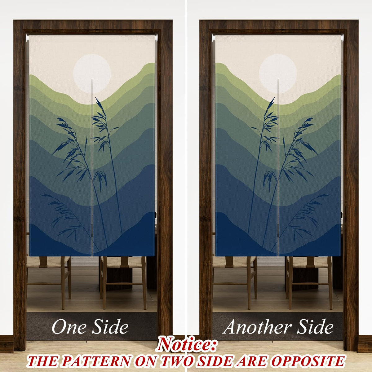 Leowefowa Japanese Double Sided Doorway Curtain Noren Green Mountain Sun Door Hanging Chinese Style Ink Painting Tapestry Window Treatment Bedroom Partition Kithchen Bathroom Door Decor33.5"x 70.9"