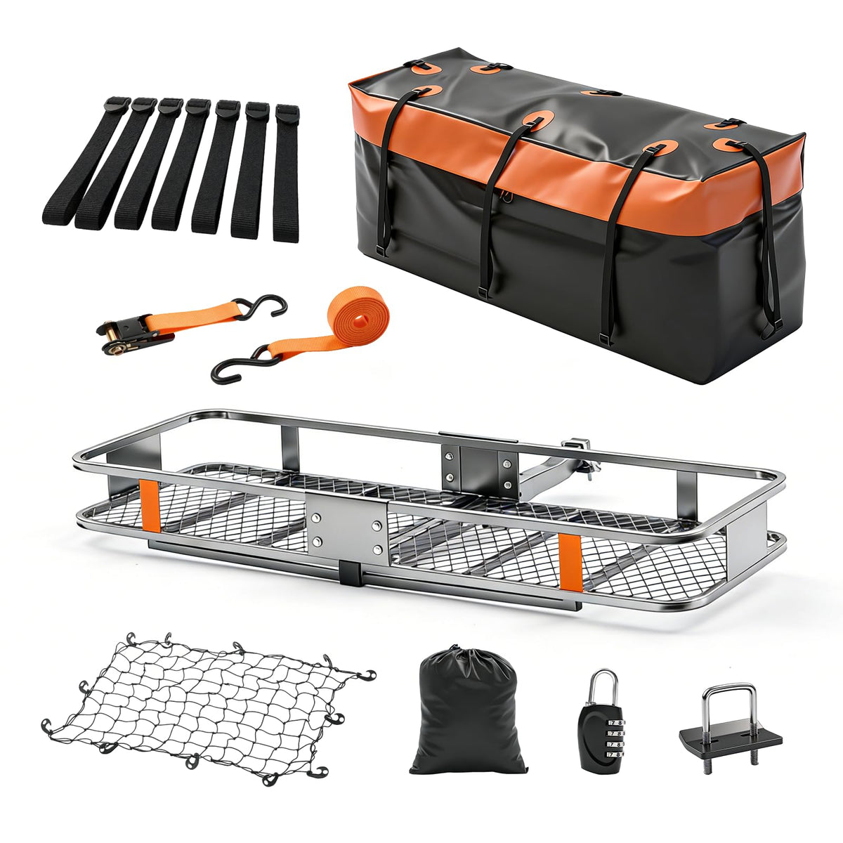 OLIXIS Folding Hitch Mount Cargo Carrier Basket 60x21x6 with Waterproof Luggage Bag 16 Cubic Feet, 500 Lbs Capacity Cargo Basket, with Hitch Stabilizer, Straps, Net