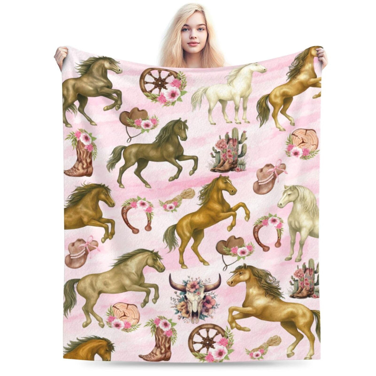 Western Cowgirl Throw Blanket Pink Cowgirl Horse Flannel Blankets Southwest Horses Plush Super Soft Cozy Warm Decor Gifts for Boys Girls Kids Adults Men Women 40" x 50"