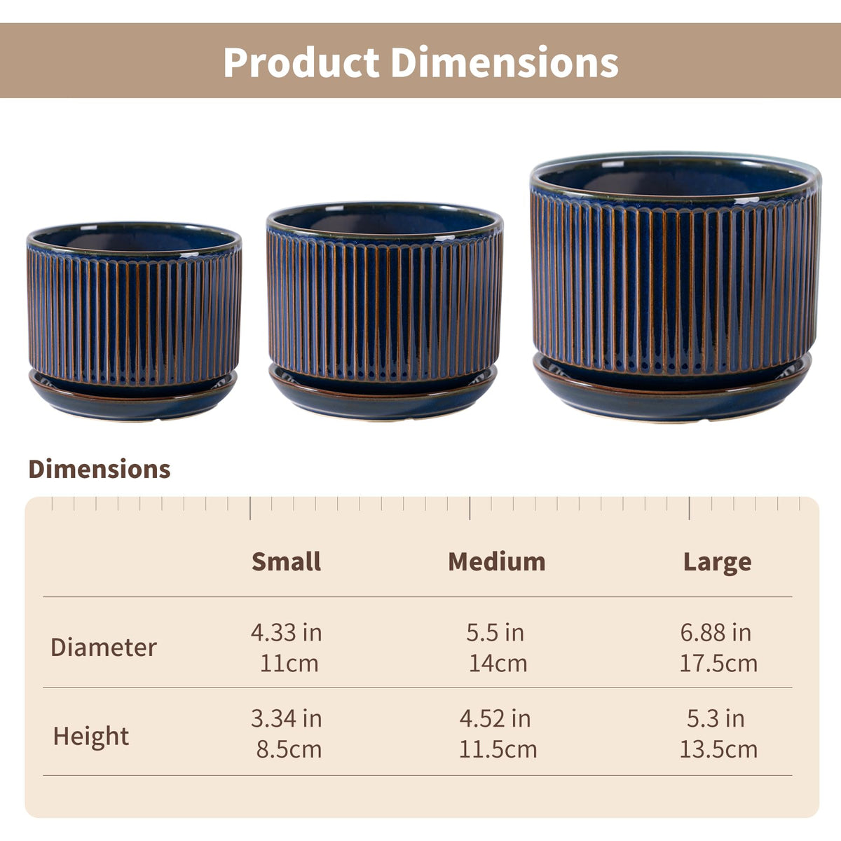 SURE YUESI Navy Blue Ceramic Plant Pots Set of 3 (4.3”+5.5”+6.7”), Indoor Striped Planters with Drainage Hole, Mesh Pads, Decorative Pots for Plants & Gardening