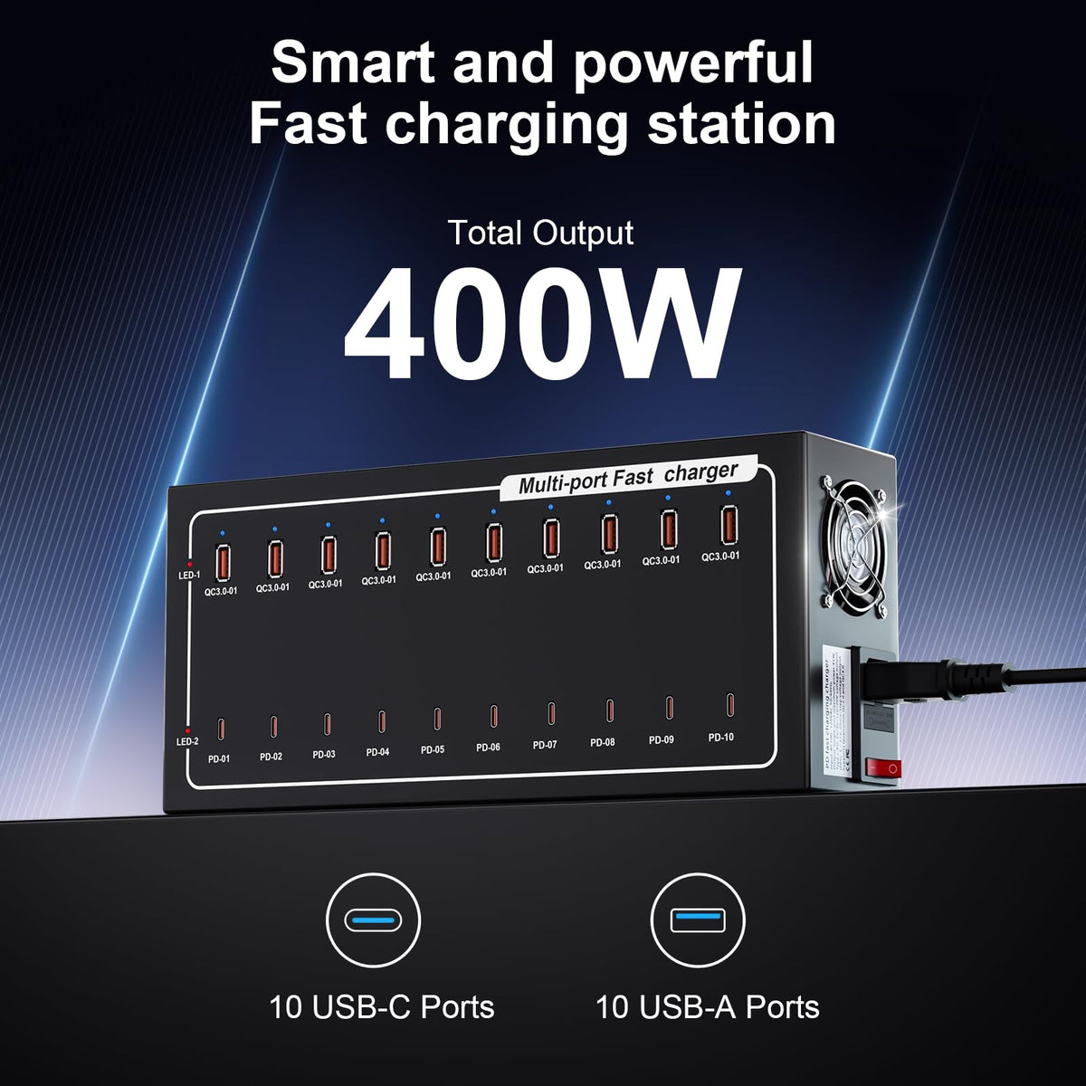 20-Port Fast Charging Station 400W, USB C and USB A Charger Dock with Smart Power Distribution Technology，for Multiple Devices, PD/QC Fast Charging Support