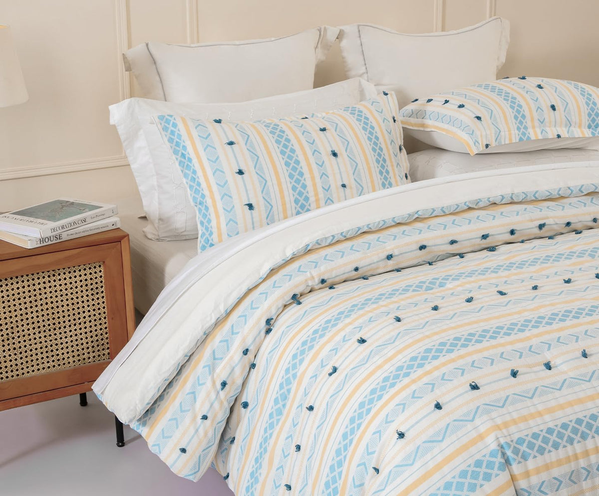 SLEEPBELLA Washed Double Layer Muslin 100% Cotton Comforter Set Queen Size, Yellow Blue Boho Fluffy Thick Checked Bedding Set, Soft Breathable (1 Comforter, 2 Pillow Shams)