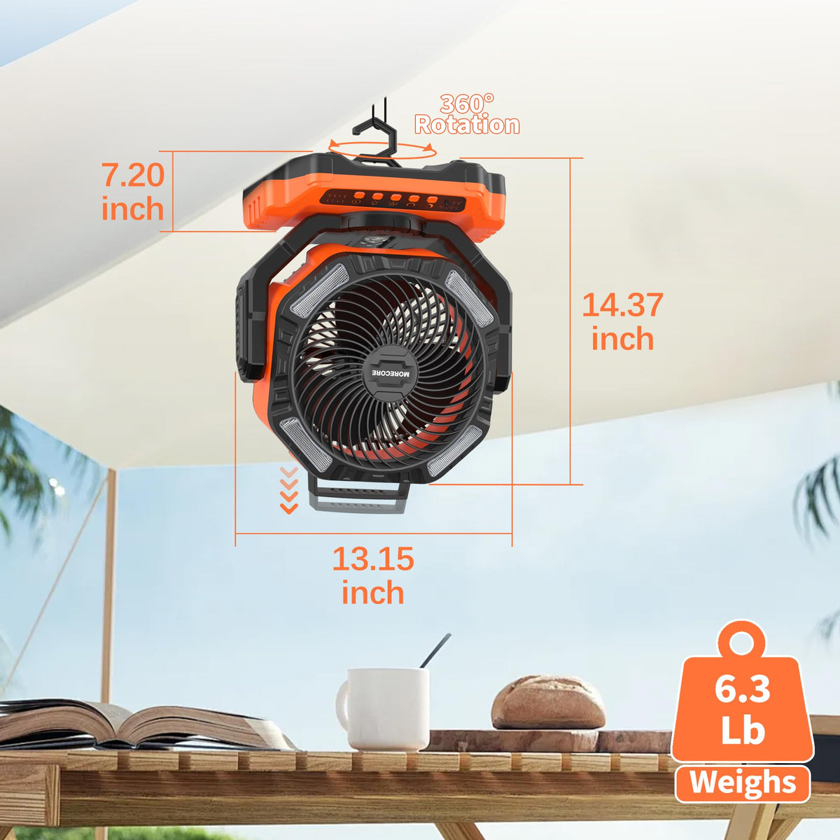 MORECORE 68HRS Running Camping Fan with Light, 20000mAh Battery Rechargeable, Powerful 4 Speeds & Auto Oscillating, with Timer & Hook, for Travel Tent RV Emergency Hurricane Jobsite Garage-Orange