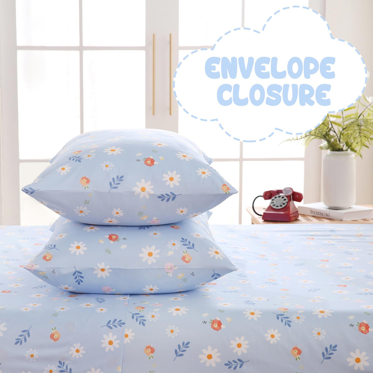 Yibeizi Blue Floral Strawberry Sheet Set for Girls, Full Size Kids Cute Daisy Flower Patterned Bedsheet Microfiber Deep Pocket Bedding Sheets & Pillowcases 4 Pieces