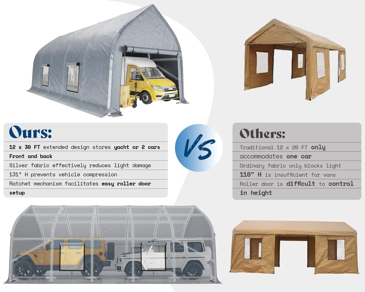 AMERLIFE 12 x 30 FT Walnut-Shaped Outdoor Carport, Heavy Duty Enclosed Portable Garage Shelter with Roll-Up Doors, Weather Resistant Car Shelter for Trucks, Boats, Farm Equipment, Silver Gray
