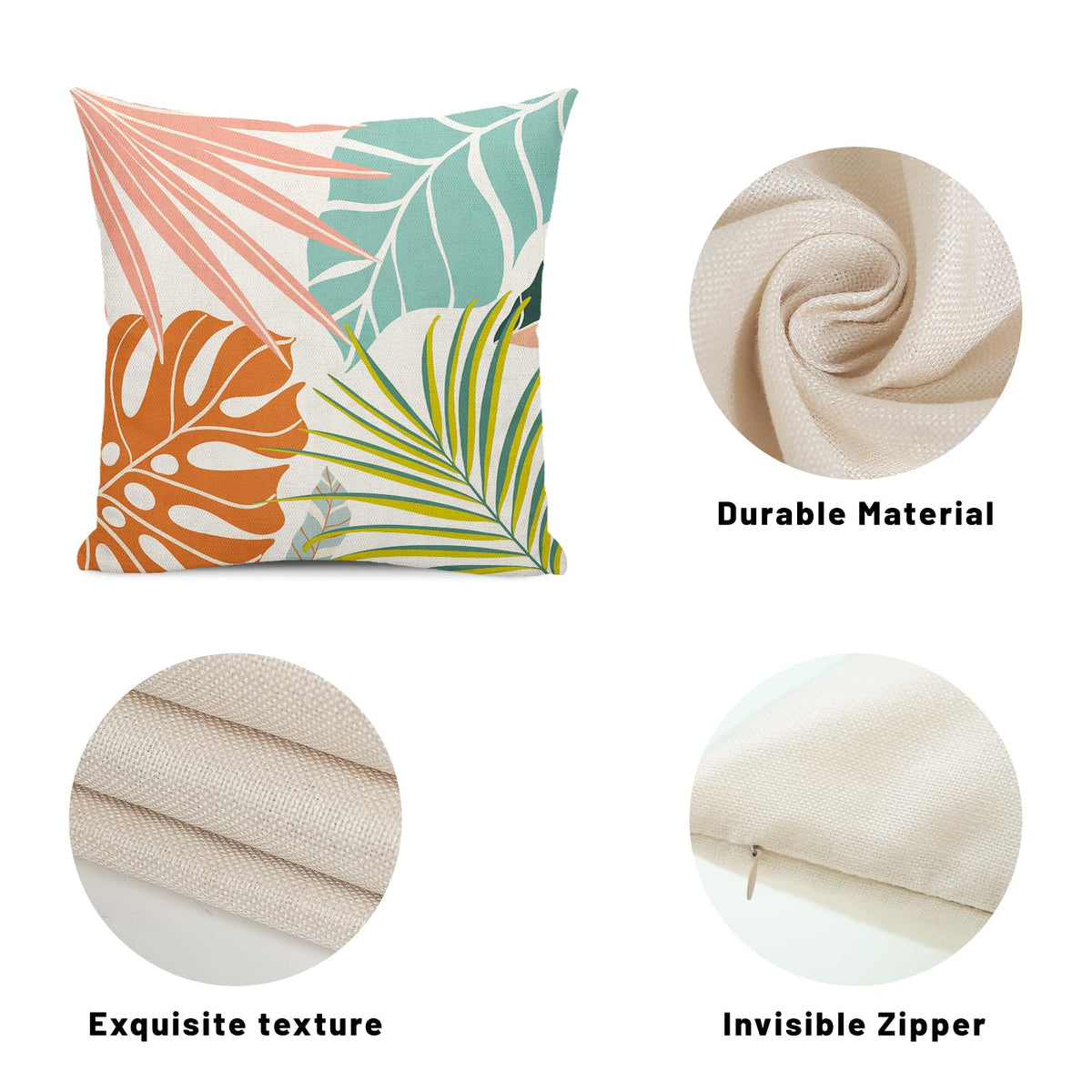 GOLIANDA Summer Tropical Pillow Covers 18x18 Set of 2, Monstera Palm Leaf Pillowcase Green Orange Botanical Coral Summer Throw Pillows Outdoor Decor Farmhouse Cushion Case Linen Decorative for Home