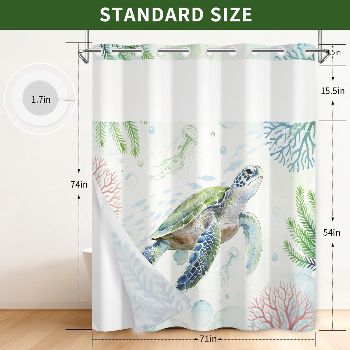 Snap On Shower Curtain Set 71x74 Inch, Hookless 2-in-1 Waterproof Curtain with Liner, Easy Install No Rings Needed, Beautiful Green Sea Turtle Underwater Scene, Durable Polyester Fabric