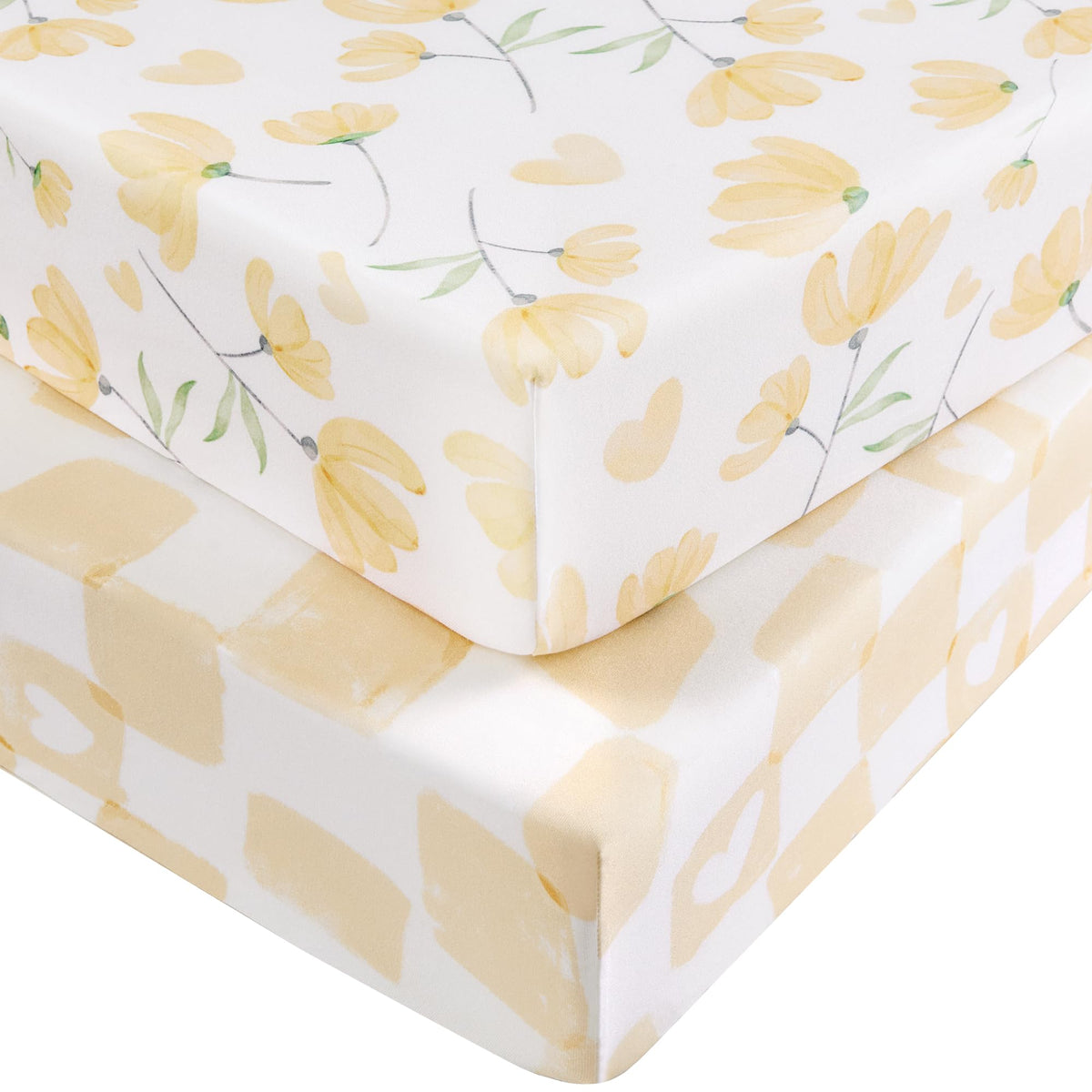 Nyessmee Pack and Play Sheets for Boys Girls, 38" x 26" Mini Crib Sheets Fitted for Pack n Play Mattress, Soft Breathable Playard Sheets, 2-Pack Yellow Flowers