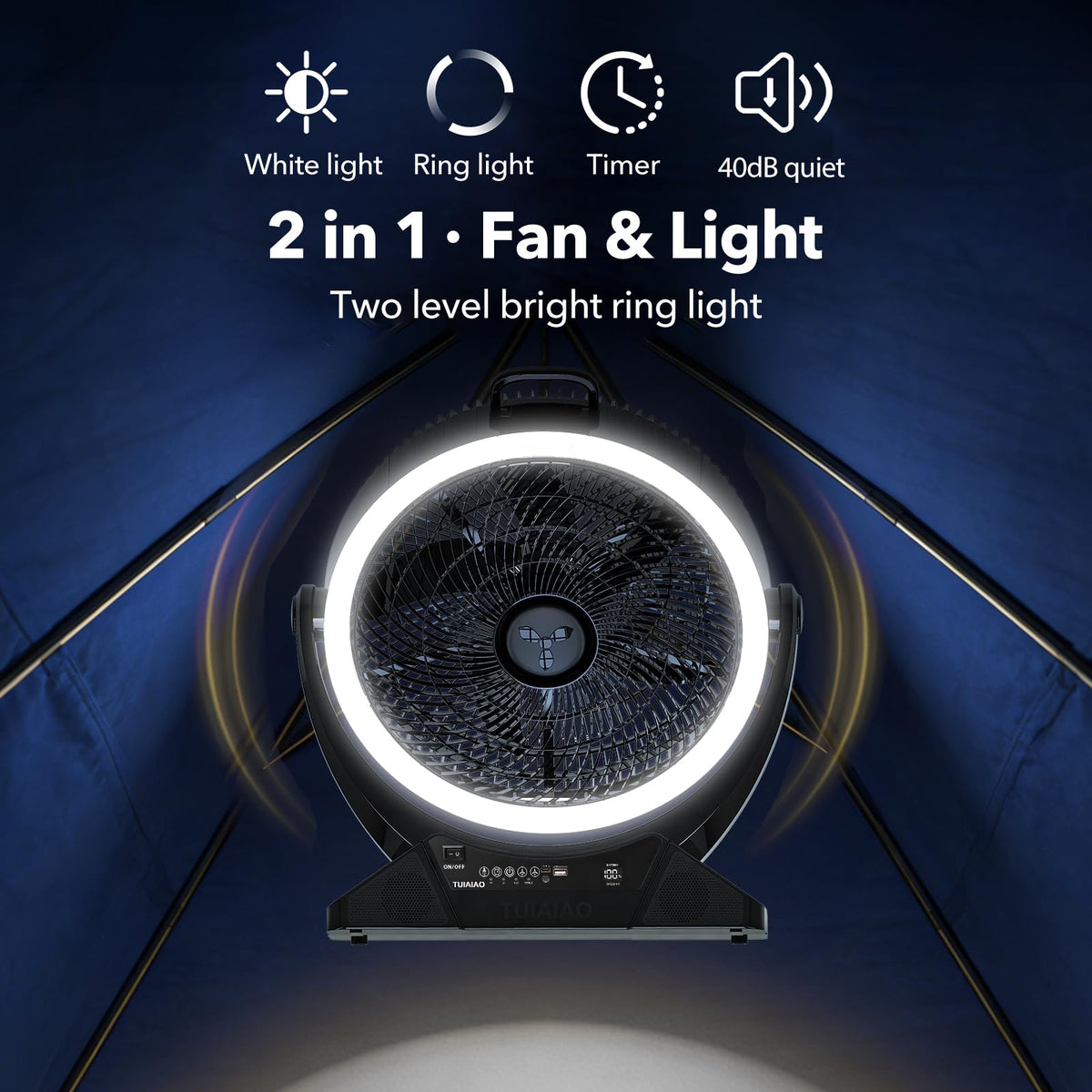 TUIAIAO Large 45000mAh Battery Operated Camping Fan Manual Tilt 50°, 12-Inch Blades Portable Rechargeable Outdoor Fan with 5 Speed, High Airflow, Cordless Floor Fan with Timer for Garage, Hurricane