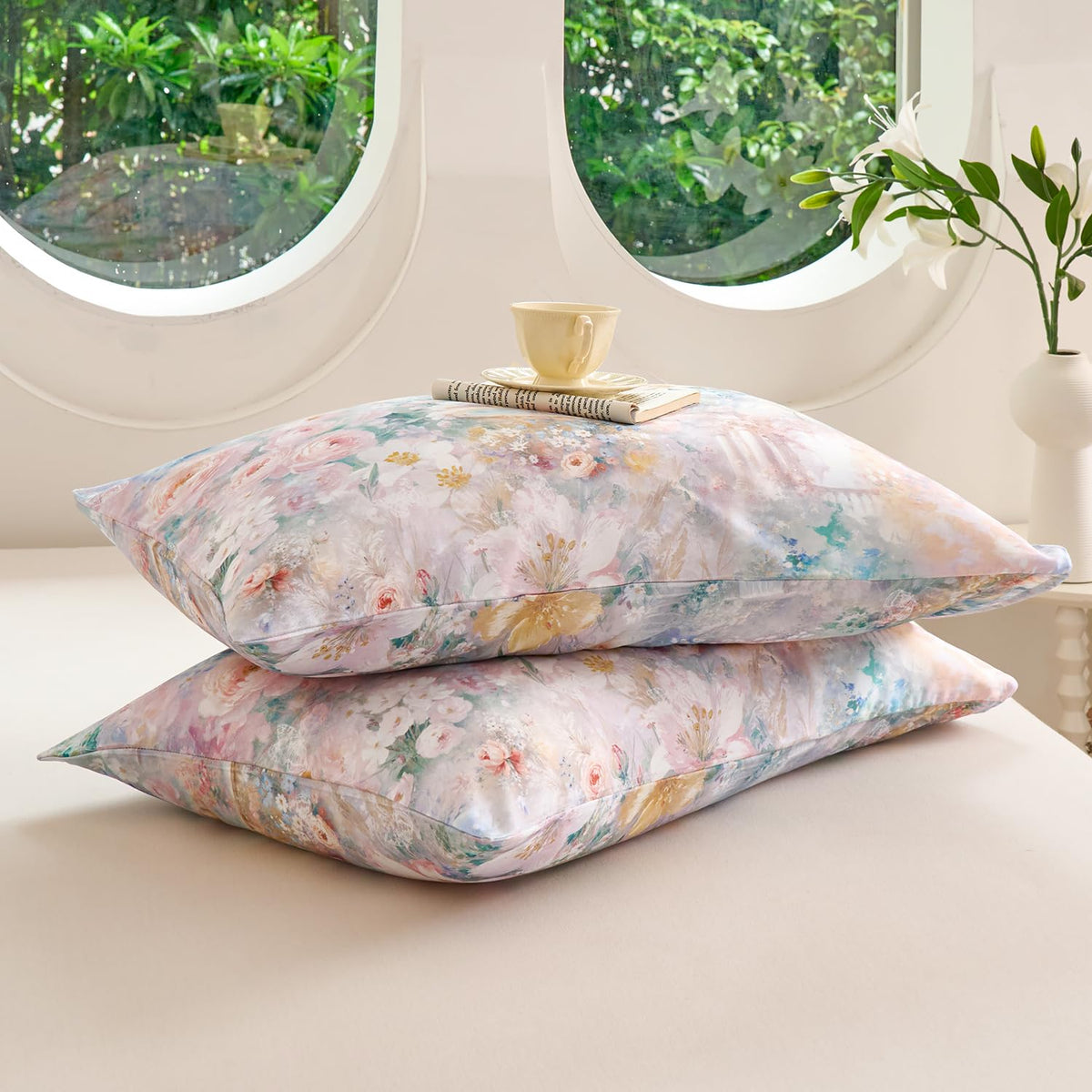 Zusbest Floral Duvet Cover King 100% Cotton, Double Brushed for Extra Soft, Luxury Pink Rose French Country Bedding Shabby-Chic Lily Comforter Cover with Zipper, Soft Breathable, 3Pc-Not Comforter