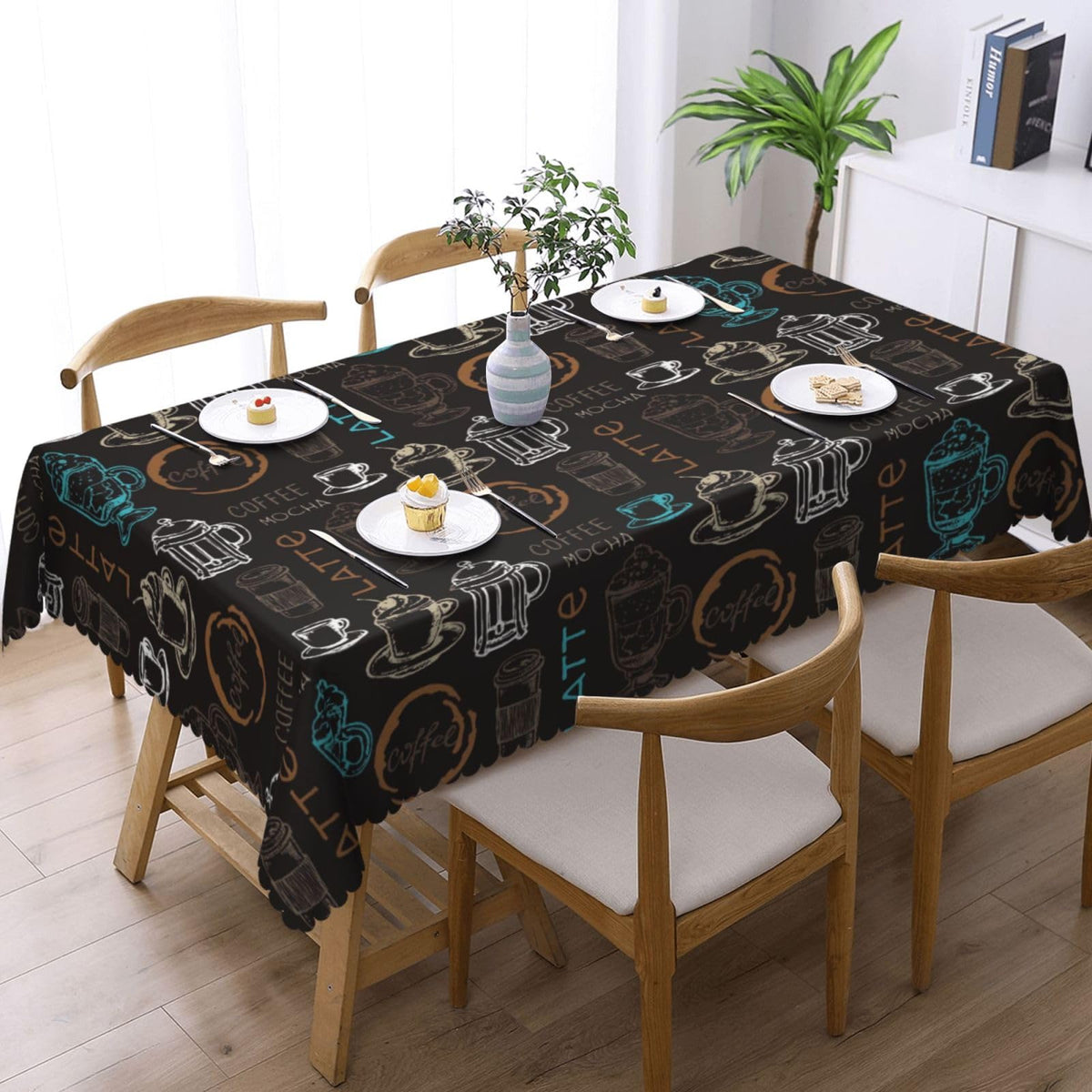 DRAVVIX Doodle Coffee Pattern Rectangular Tablecloth Latte Coffee Table Cloth with Wavy Lace Decoration Polyester Table Cover for Dining, Parties 54x72 inch