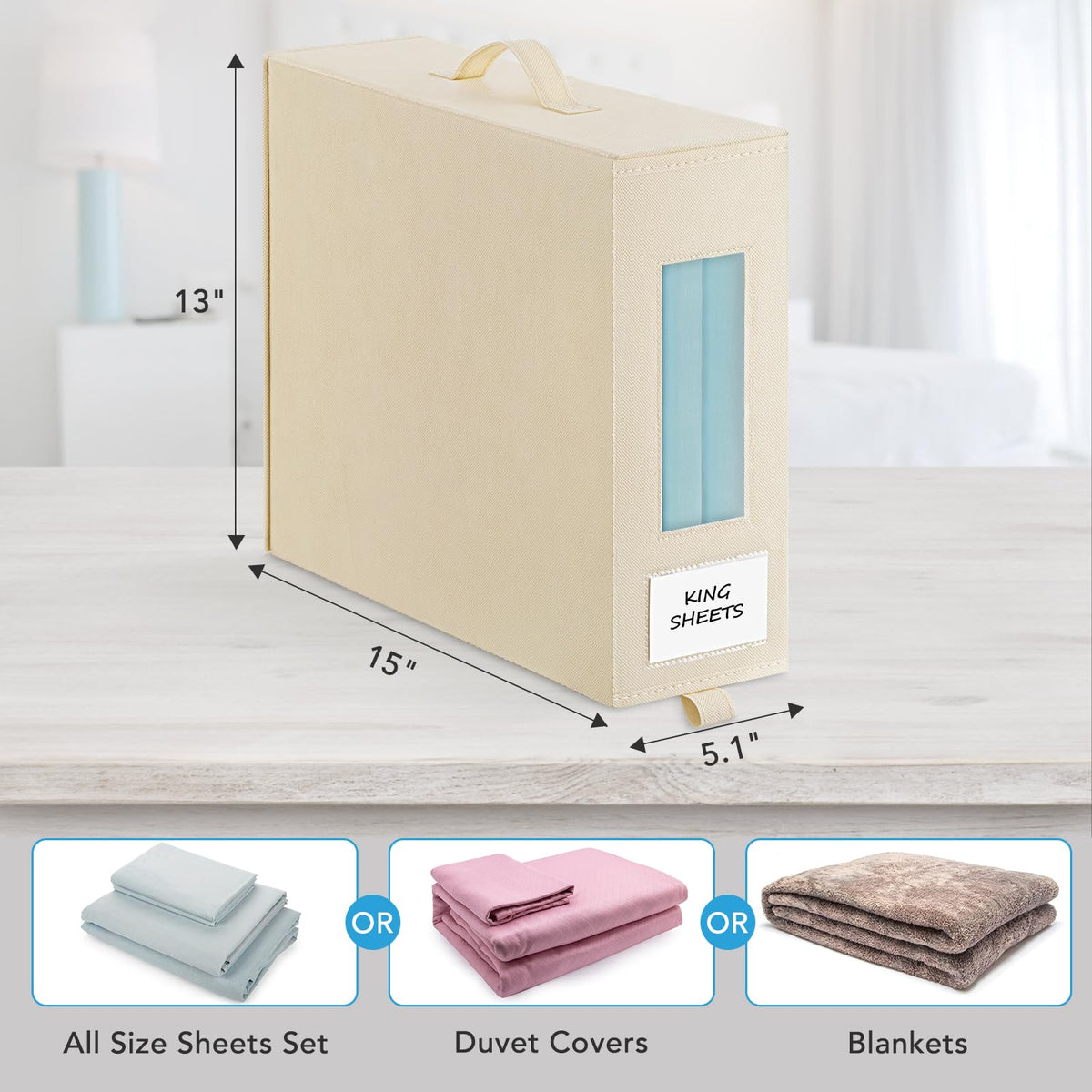 Baesyhom 3 Pcs Dark Grey 12-Slots Pants Organizers & 3 Pcs Beige Bed Sheet Organizers and Storage for Linen Closet with Handle, Large Size, Foldable
