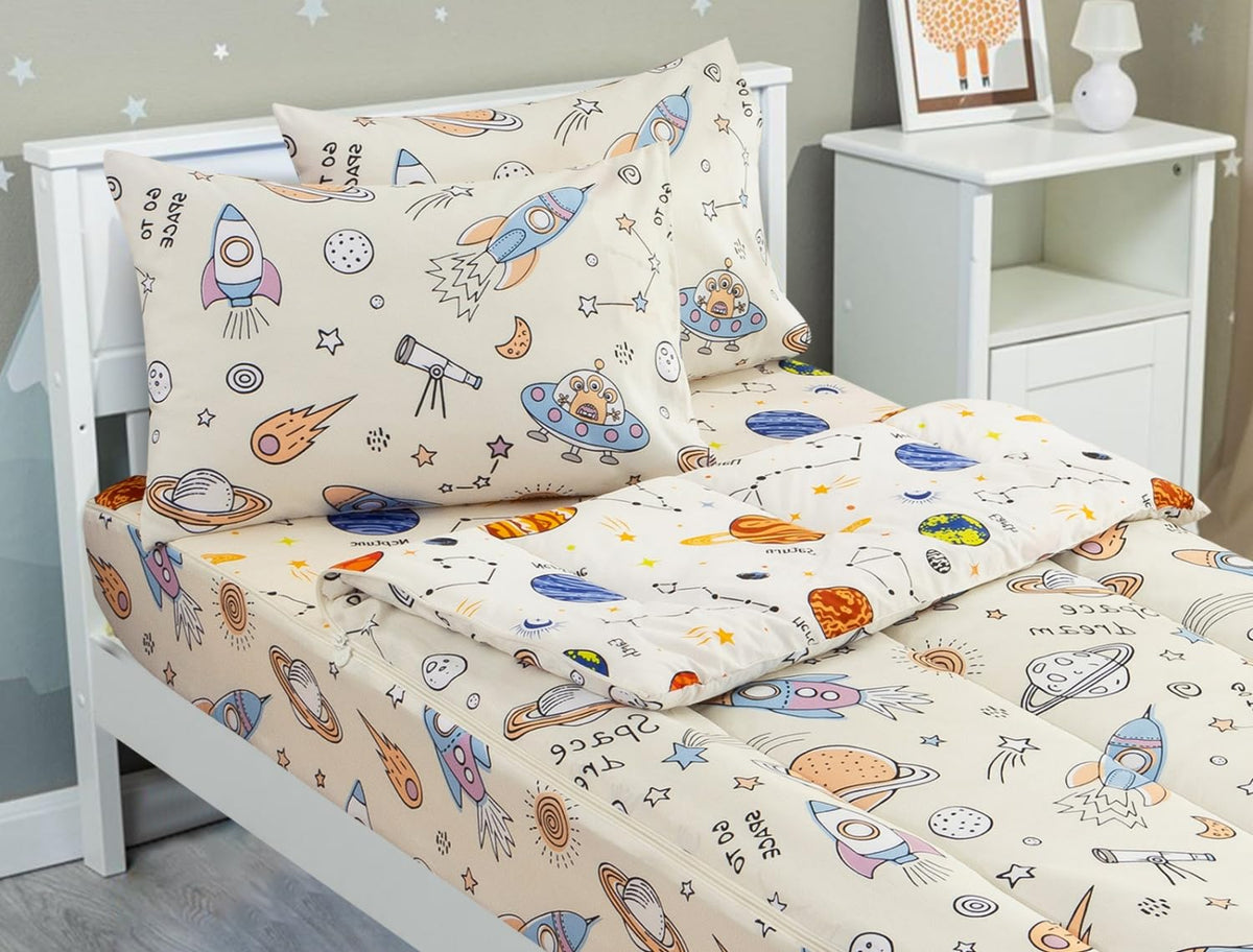 Meeting Story 3pcs Kids Comforter Set Zipper Bedding Set,Twin Space Bedding Set Comforter Set for Kid,All in one Zipper Bedding（Beige,Twin）