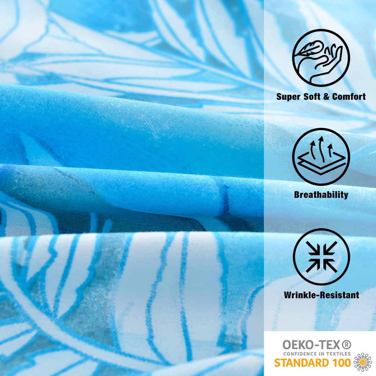JSD Blue Tropical Leaves Print Sheet Set King Size, 6 Piece Soft Pattern Microfiber Bed Sheets Extra Deep Pocket