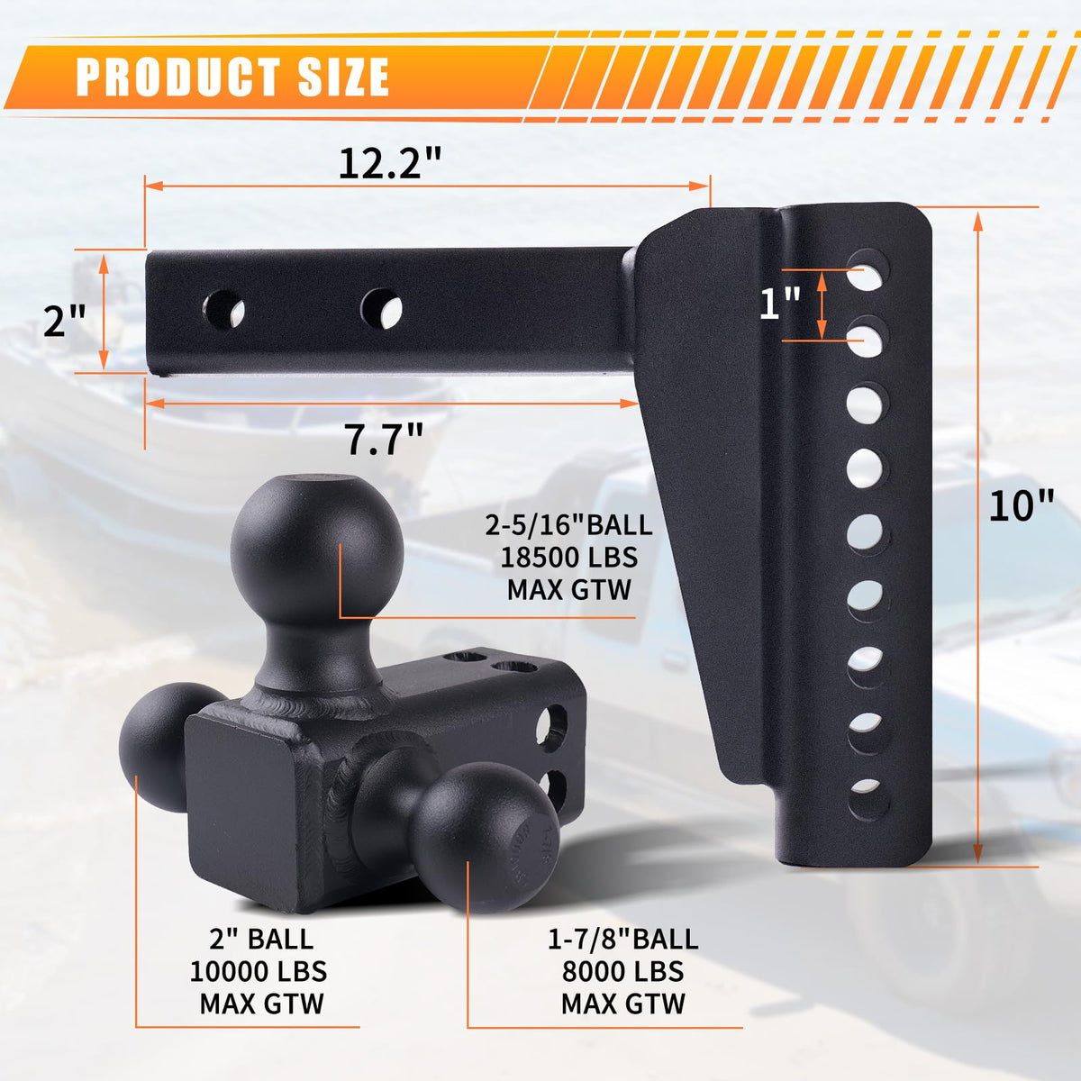 Adjustable Drop Hitch Tri-Ball, 8" Drop/Rise, 18,500 LBS GTW, Fits 2-Inch Receiver, Anti-Theft Locking Pins, Heavy-Duty Trailer Hitch for Trucks