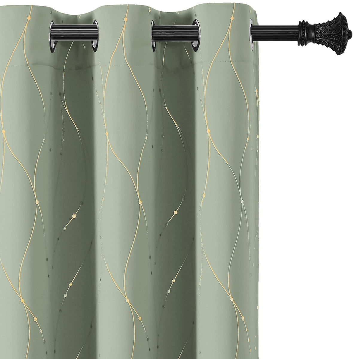 BUHUA Blackout Curtains Gold Foil Print Wave Line and Dots Grommet Drapes, Room Darkening Thermal Insulated Curtains, Noise Reducing Curtain for Bedroom, Sage Green, 52Wx84L, 2 Panels