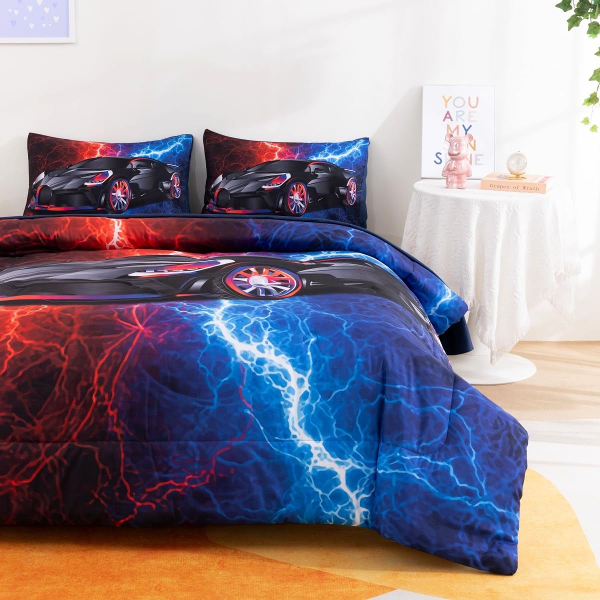 Podol 3 Pieces Race Car Comforter Set Twin Size Red and Blue Sports Car Bedding Sets for Boy Lightnings Tie Dye Bed in a Bag