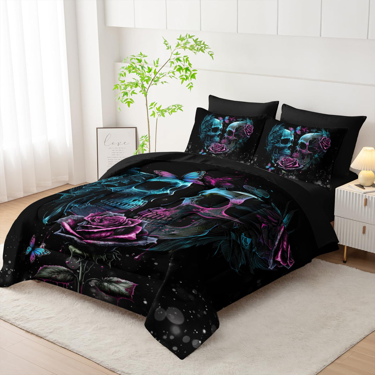 Tuzaovy Black Skull Comforter Set 7 Piece Queen Size Bed in A Bag,Goth Bedding for Room Decor,Soft Western Comforter Boho Hippie Bedding with Fitted Sheet,Flat Sheet, Pillowcases & Shams