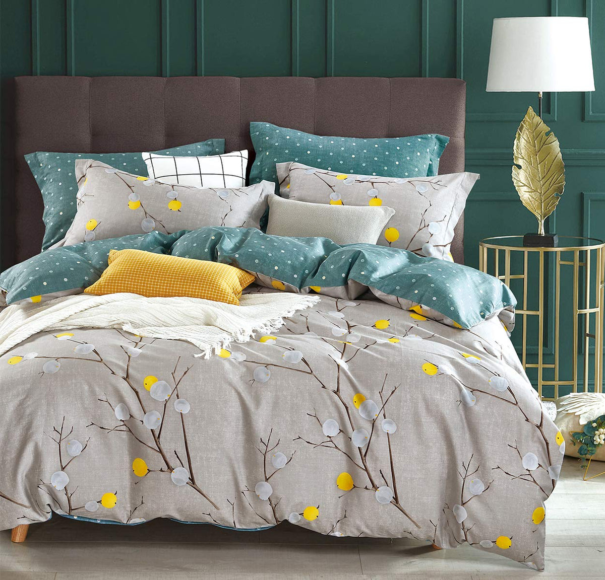 SLEEPBELLA Comforter Queen Size, 600 Thread Count Cotton Grey Branch with Yellow Turquoise Polka Dot Pattern Green Reversible Comforter Set,Down Alternative Bedding Set 3Pcs (Queen, Grey Branch)