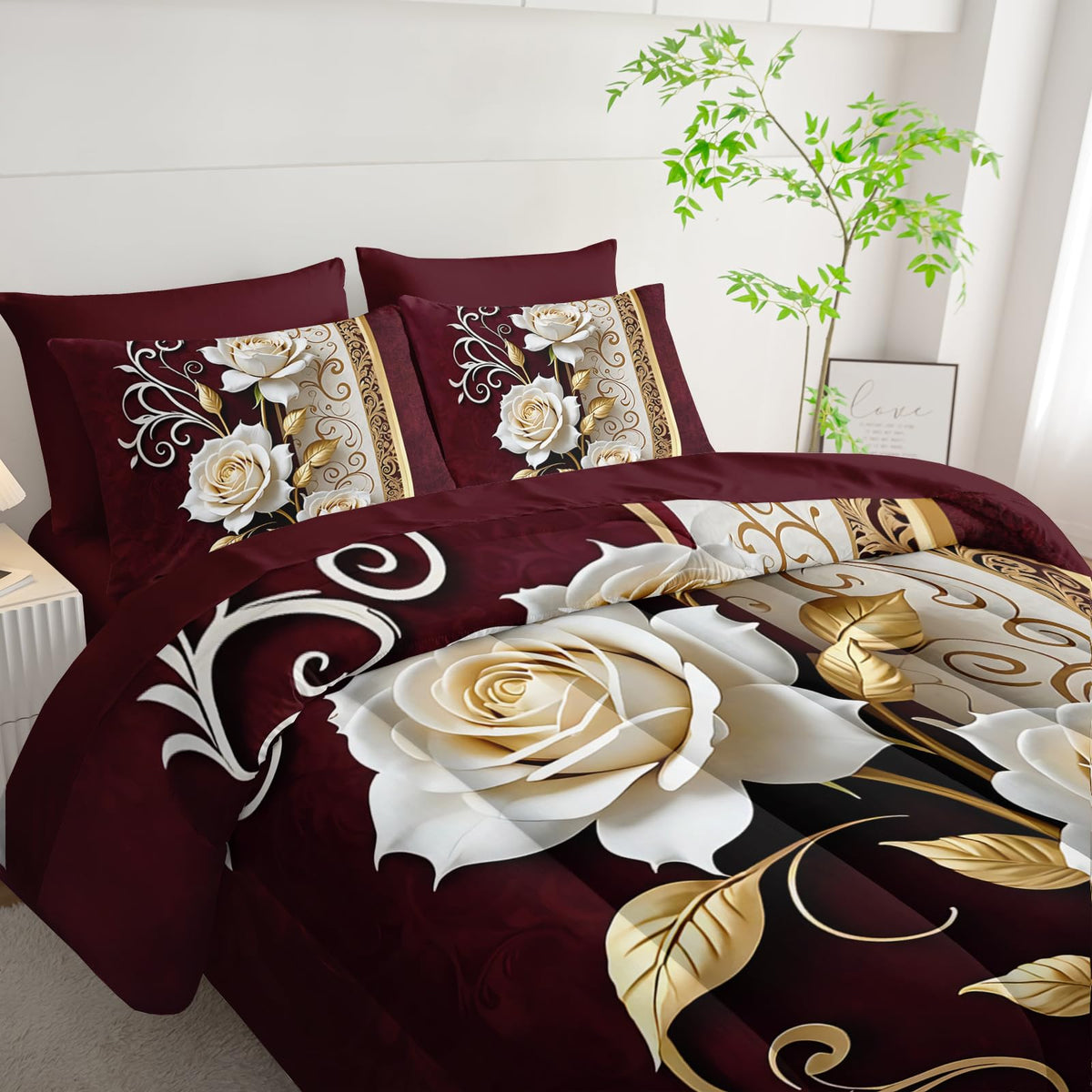 lneffble Red and White Floral Comforter Set Queen Size 7 Piece，Rose Queen Bedding Set，(1 Comforter, 1 Flat Sheet, 1 Fitted Sheet, 2 Pillowcase and 2 Pillow Sham)，White Rose Bedroom Decor
