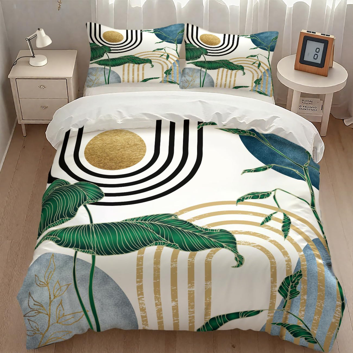 Lnepty Mid Century Leaves Bedding Set,Modern Abstract Tropical Monstera Palm Leaf Plant Minimalist Spring Summer Bohemian Geometric Comforter Set with Pillowcase for Bedroom Bed Decor，Twin 86"x70"