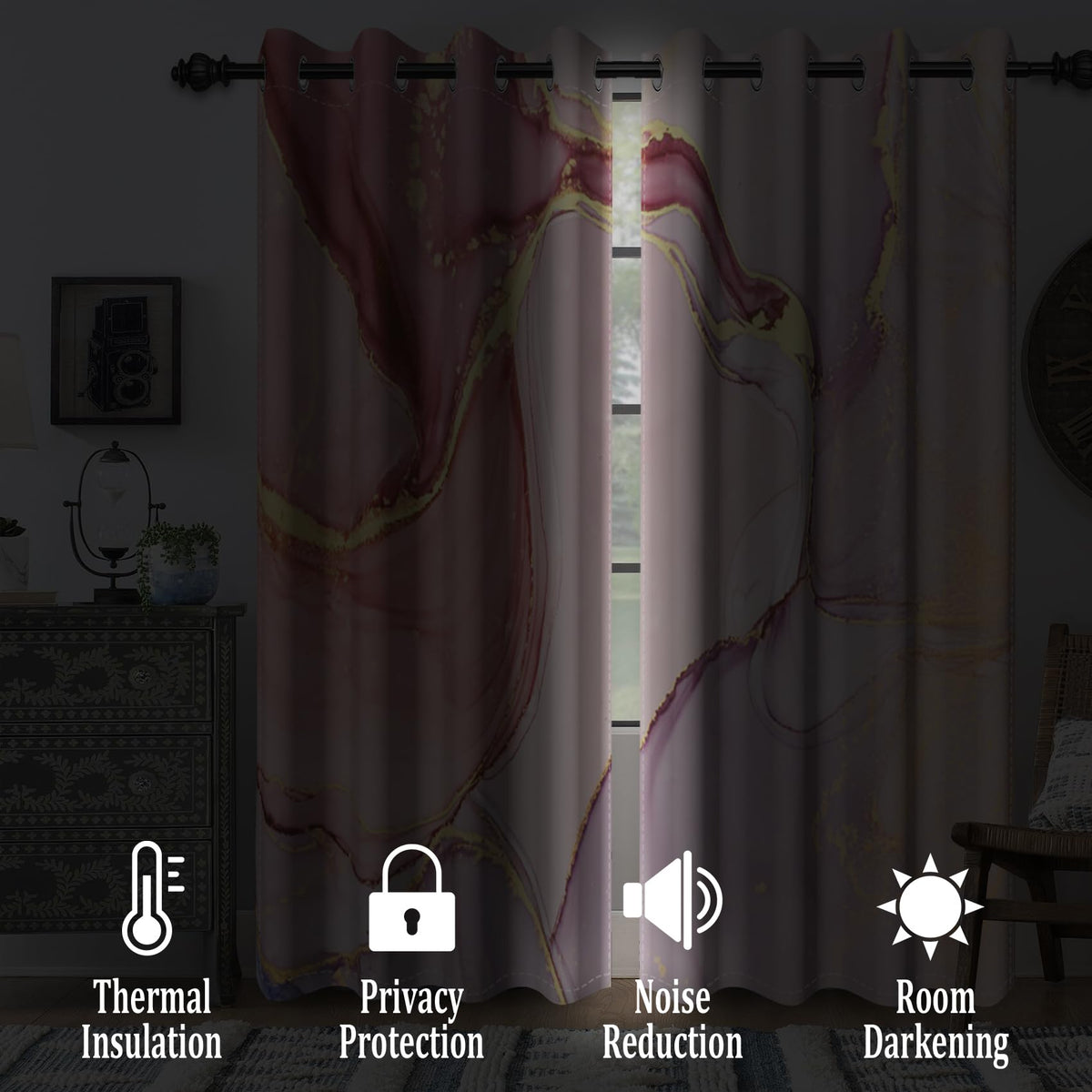 Renaiss Pink Marble Blackout Curtains for Bedroom Abstract Liquid Gold Texture Window Curtain Modern Luxury Ink Art Window Drapes for Living Room Decor Curtains 2 Panels Set, 42x63 Inch