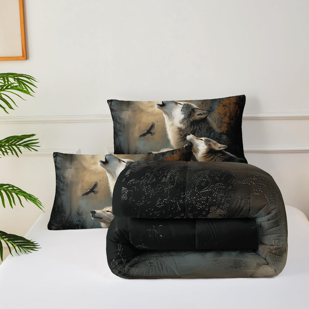 lneffble Wolf Comforter Set Twin for Kids Boys Girls,Howling Wolves Comforter Set,Eagle and Wolf Night Moon Forest Bedding Set, Wild Animals Quilt Set for Bedroom Decor,All Seasons