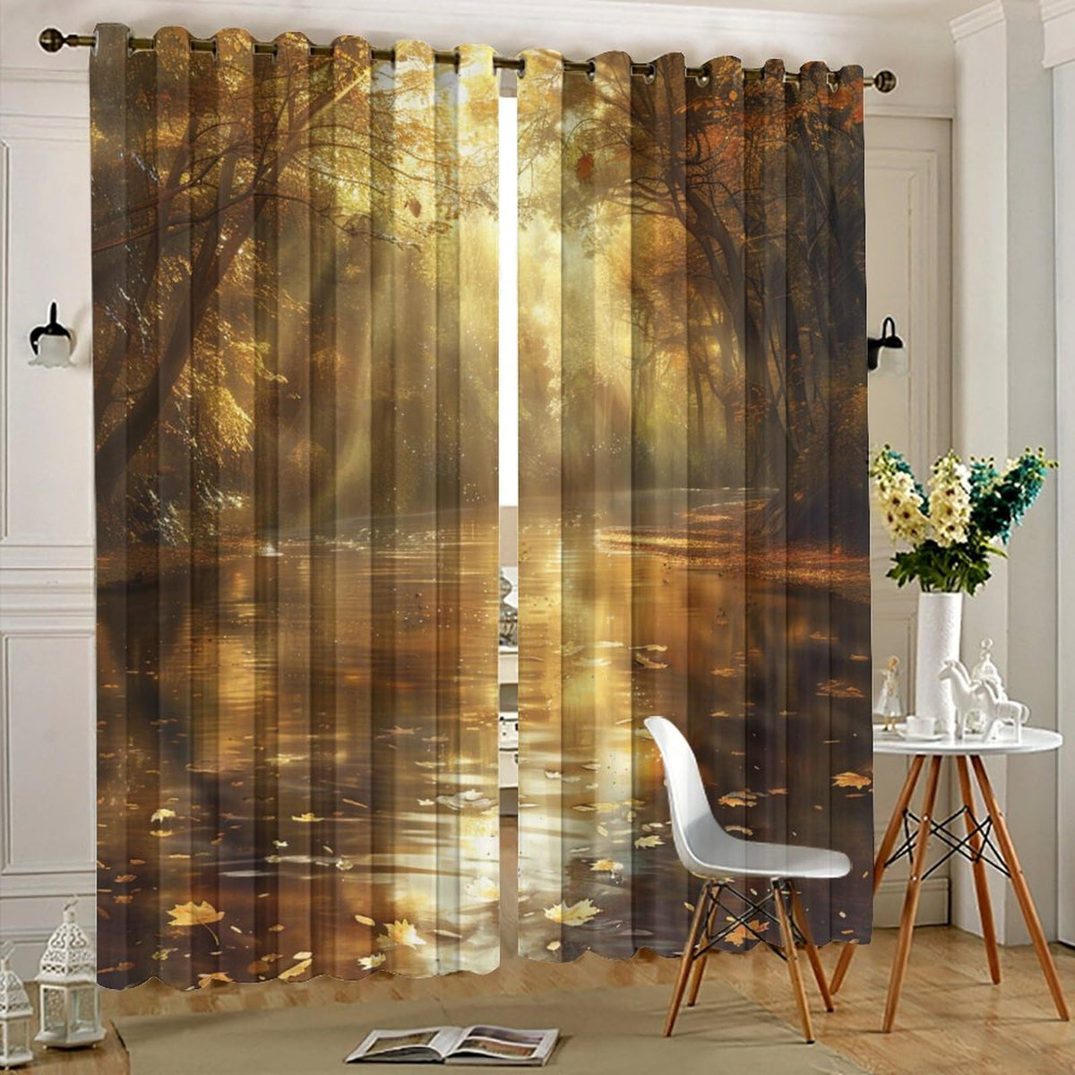 TOWINSFB Autumn River Tree Blackout Curtains for Bedroom/Living Room, Nature Landscape Maple Leaf Grommet Curtains Thermal Insulated Window Drapes, 2 Panels, Each 21W x 63L
