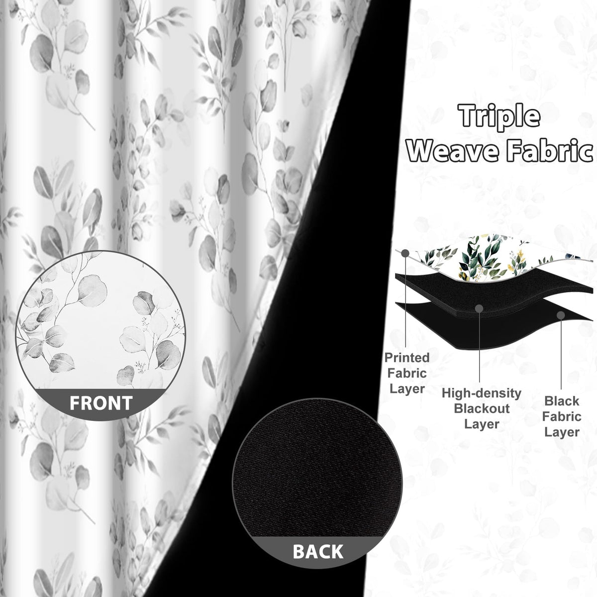 GICDSU Gray Botanical Leaf 90% Blackout Curtains 63 Inches Long Watercolor Floral Print Room Darkening Curtains with Grommet Country Soundproof Insulated Window Drapes for Bedroom Living Dining Room