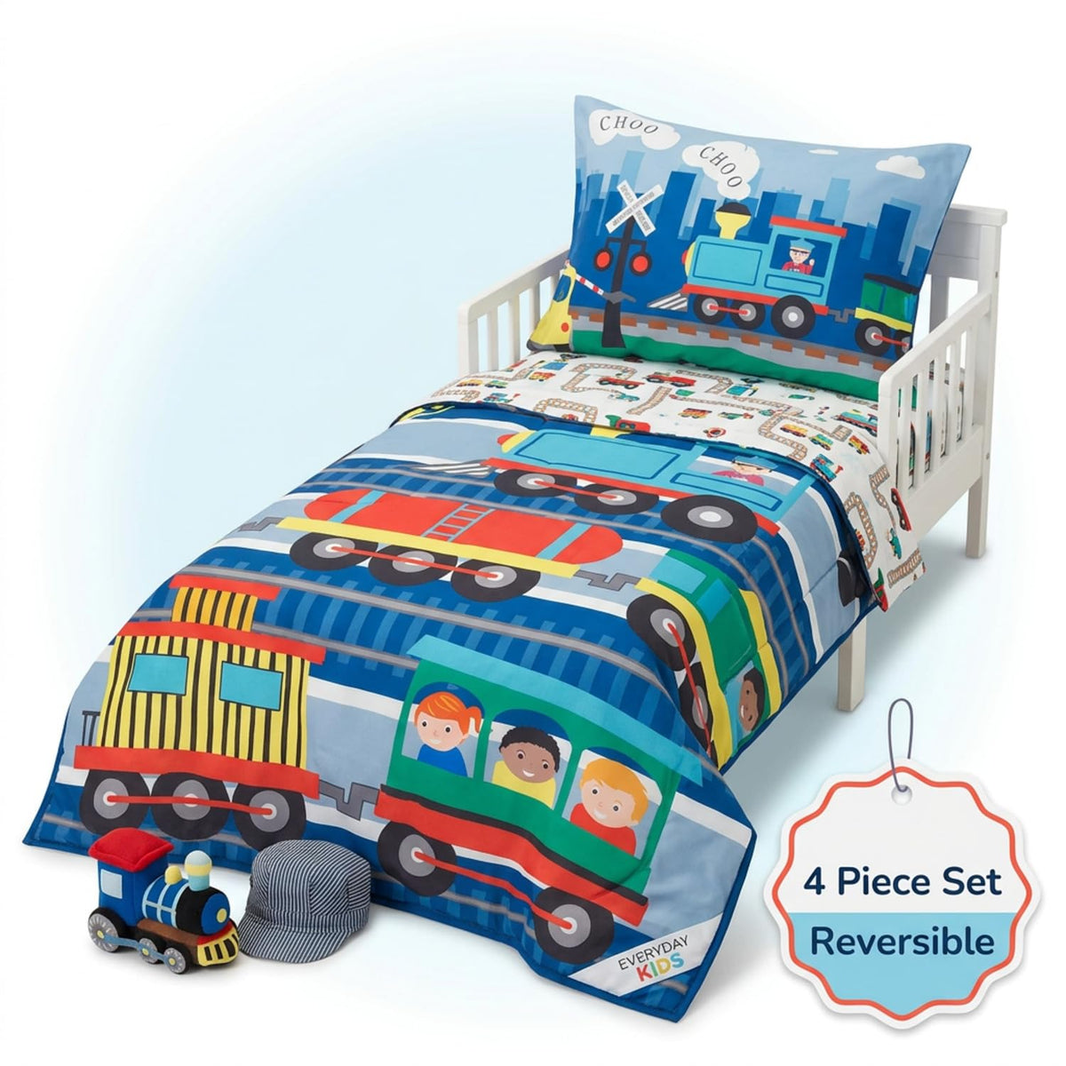 EVERYDAY KIDS 4 Piece Toddler Bedding Set -Choo Choo Train- Includes Comforter, Flat Sheet, Fitted Sheet and Reversible Pillowcase